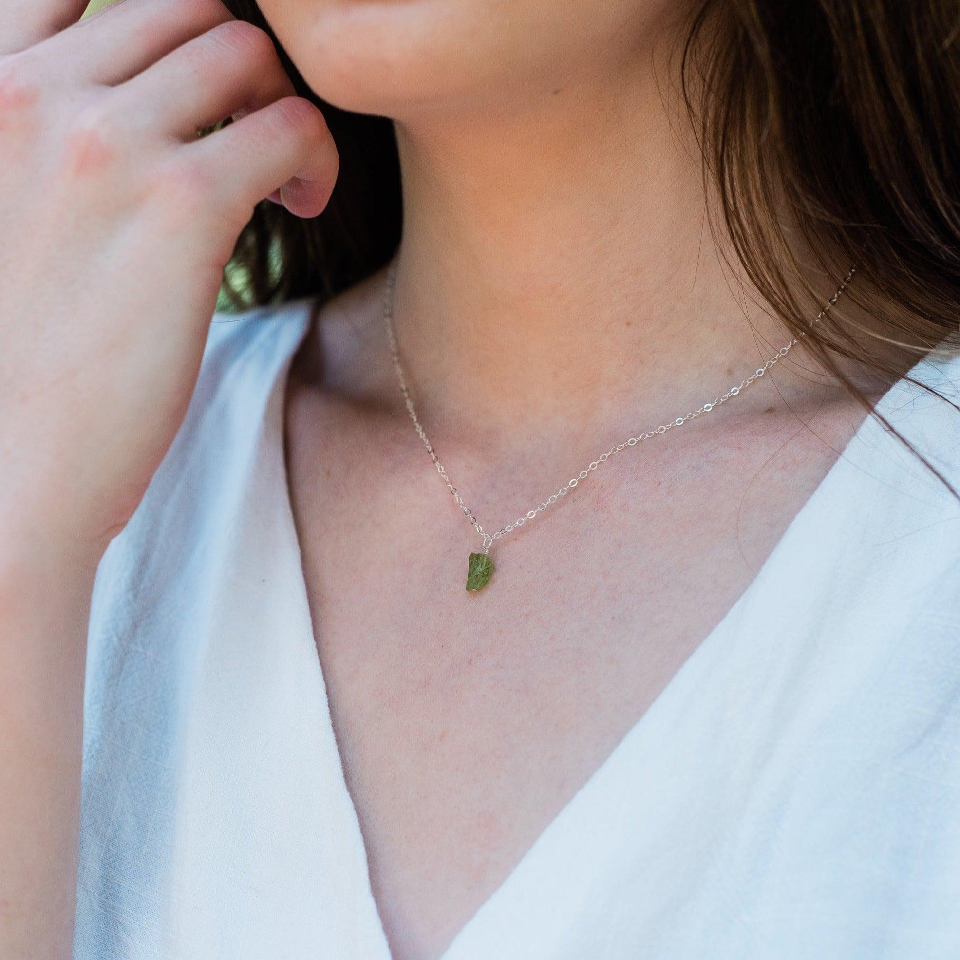 Raw Peridot Crystal Jewellery Set - Raw Peridot Crystal Jewellery Set - Sterling Silver / Cable / Necklace & Earrings & Bracelet - Luna Tide Handmade Crystal Jewellery