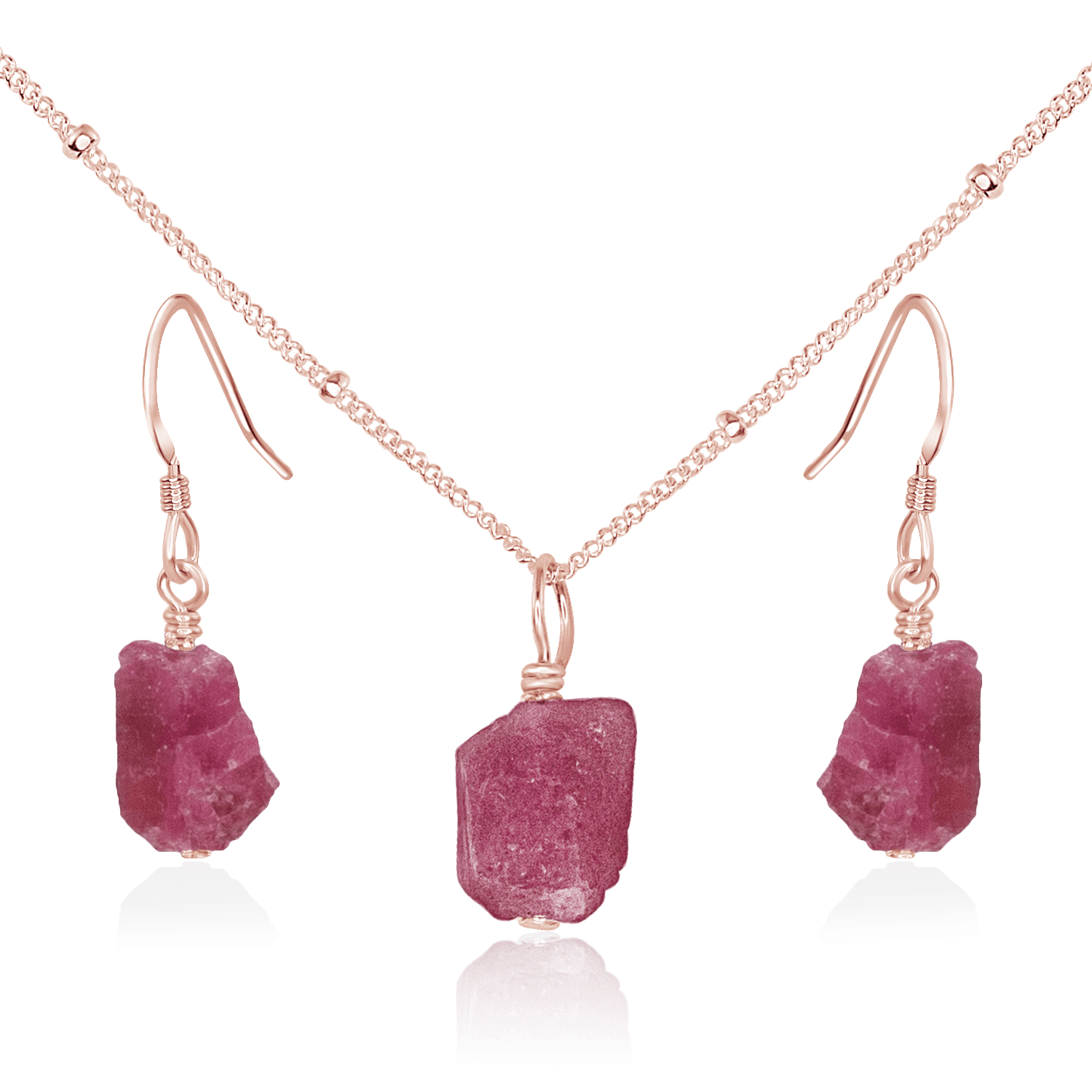 Raw Pink Tourmaline Crystal Jewellery Set - Raw Pink Tourmaline Crystal Jewellery Set - 14k Rose Gold Fill / Satellite / Necklace & Earrings - Luna Tide Handmade Crystal Jewellery