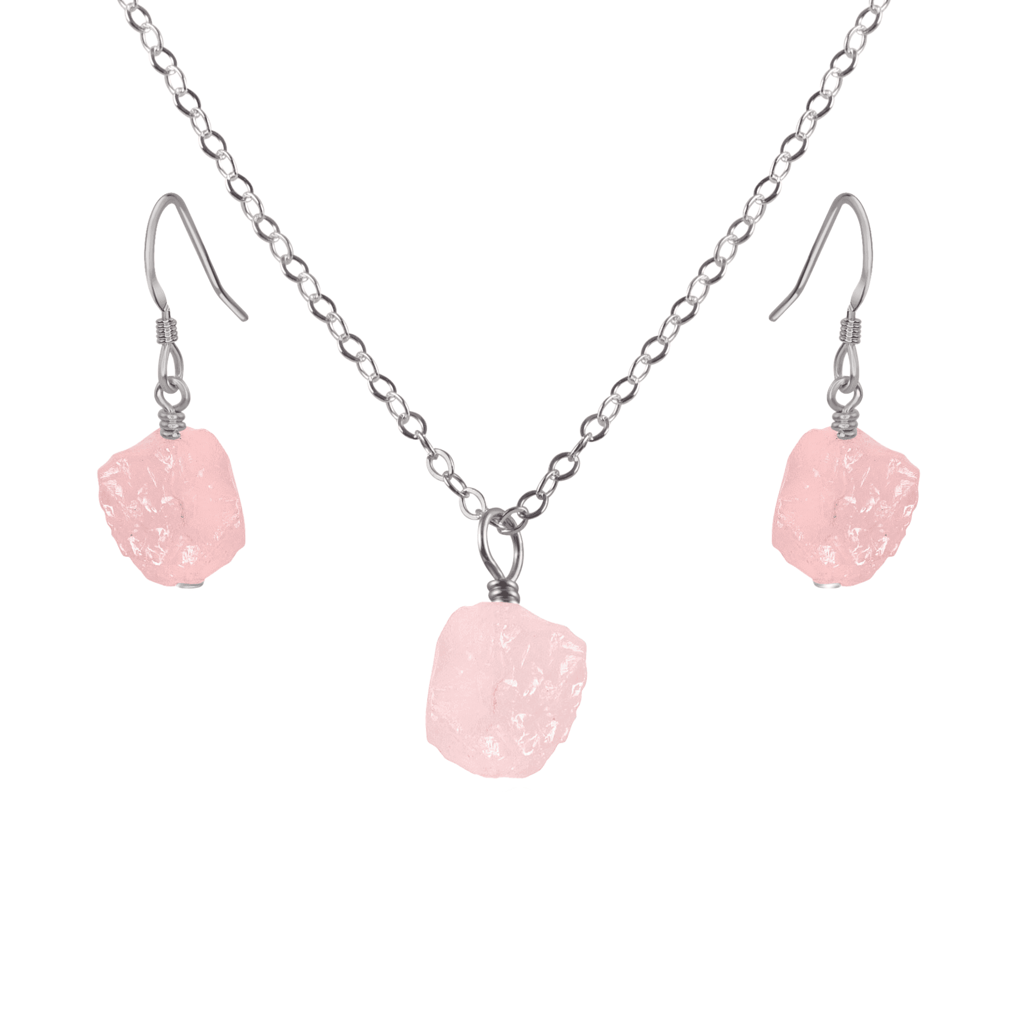 Raw Rose Quartz Crystal Earrings & Necklace Set - Raw Rose Quartz Crystal Earrings & Necklace Set - Stainless Steel / Cable - Luna Tide Handmade Crystal Jewellery