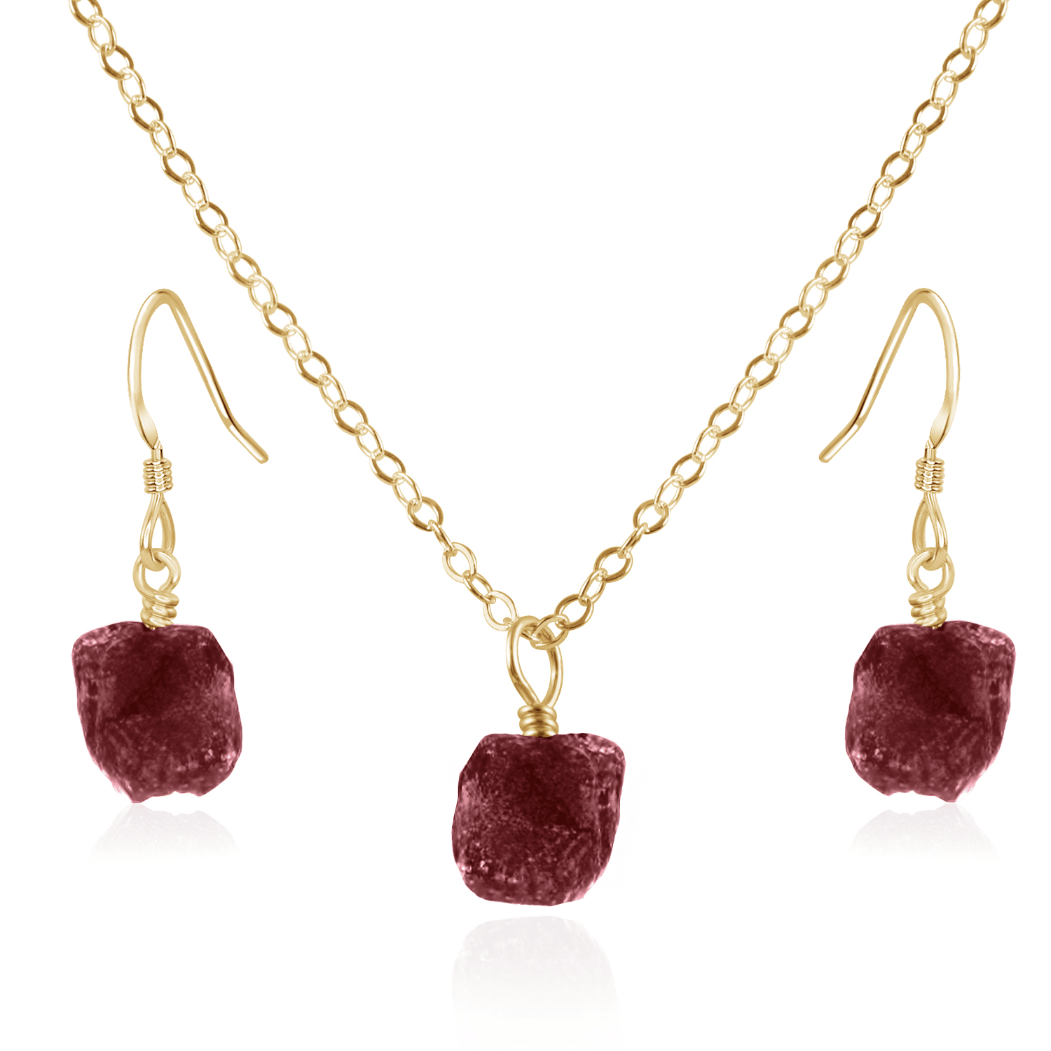 Raw Ruby Crystal Jewellery Set - Raw Ruby Crystal Jewellery Set - 14k Gold Fill / Cable / Necklace & Earrings - Luna Tide Handmade Crystal Jewellery
