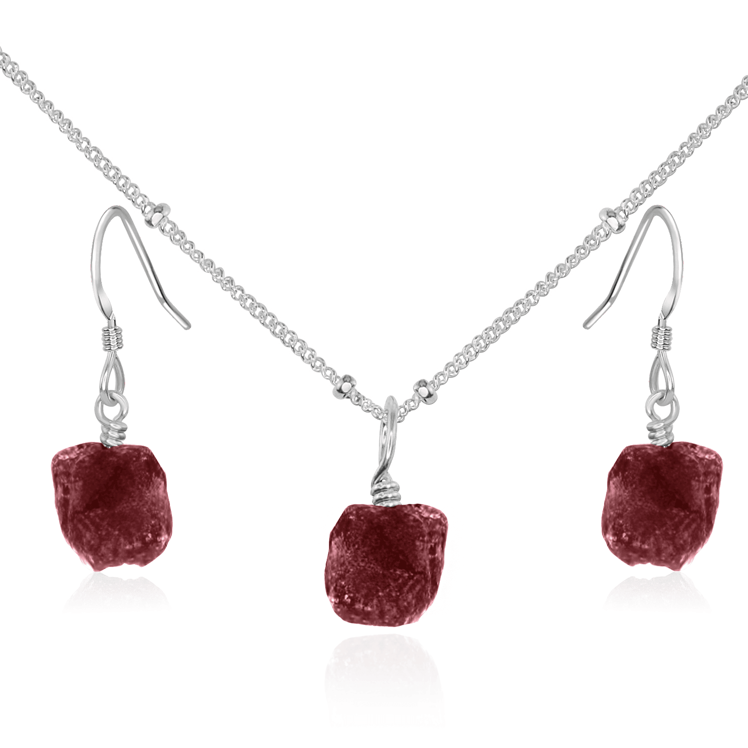 Raw Ruby Crystal Jewellery Set - Raw Ruby Crystal Jewellery Set - Sterling Silver / Satellite / Necklace & Earrings - Luna Tide Handmade Crystal Jewellery