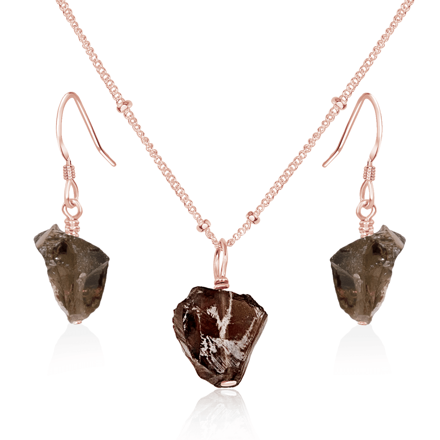 Raw Smoky Quartz Crystal Jewellery Set - Raw Smoky Quartz Crystal Jewellery Set - 14k Rose Gold Fill / Satellite / Necklace & Earrings - Luna Tide Handmade Crystal Jewellery