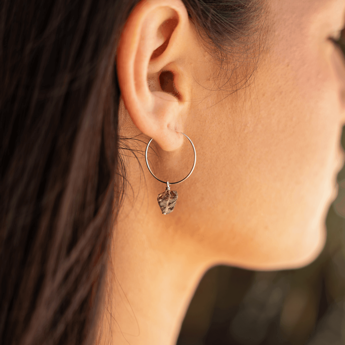Raw Smoky Quartz Gemstone Dangle Hoop Earrings - Raw Smoky Quartz Gemstone Dangle Hoop Earrings - Sterling Silver - Luna Tide Handmade Crystal Jewellery