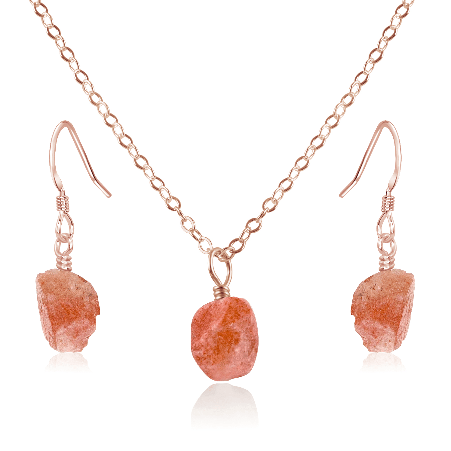Raw Sunstone Crystal Jewellery Set - Raw Sunstone Crystal Jewellery Set - 14k Rose Gold Fill / Cable / Necklace & Earrings - Luna Tide Handmade Crystal Jewellery