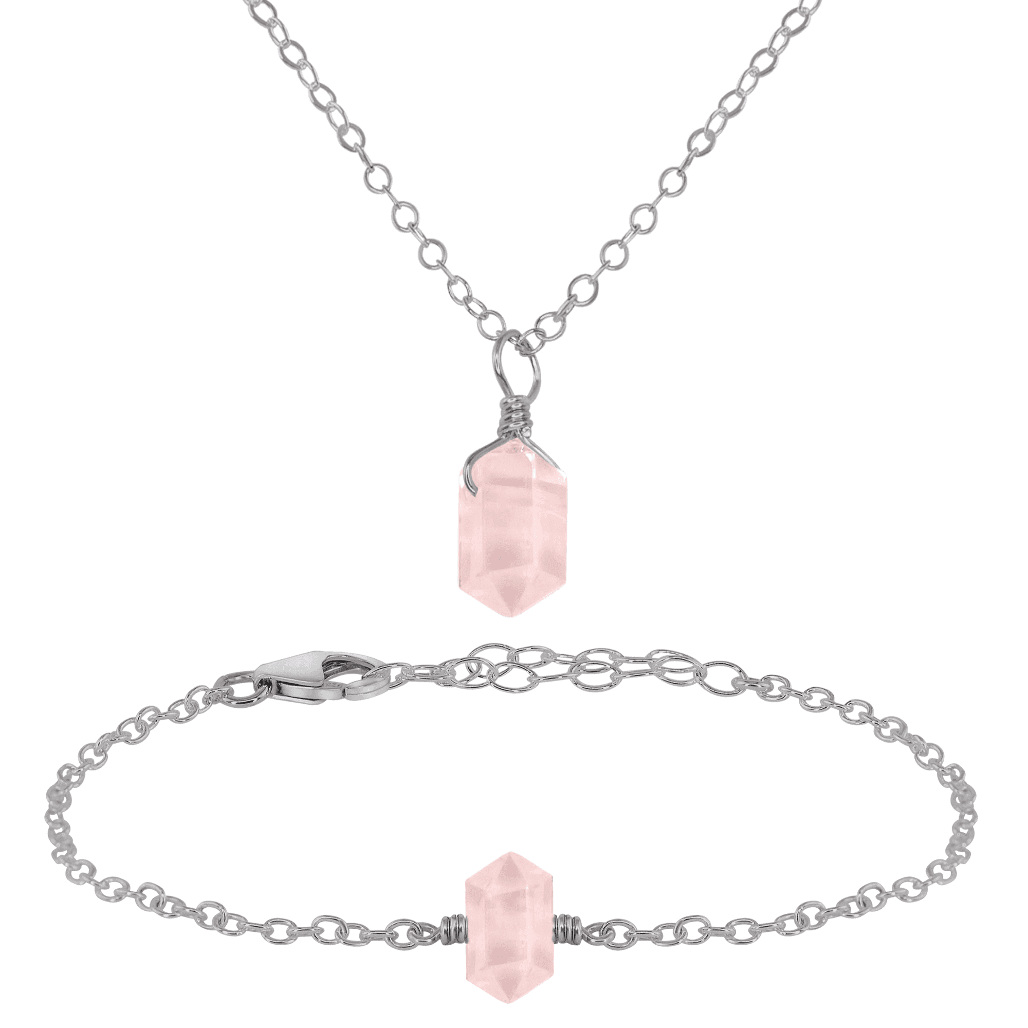 Rose Quartz Double Terminated Crystal Necklace & Bracelet Set - Rose Quartz Double Terminated Crystal Necklace & Bracelet Set - Stainless Steel - Luna Tide Handmade Crystal Jewellery