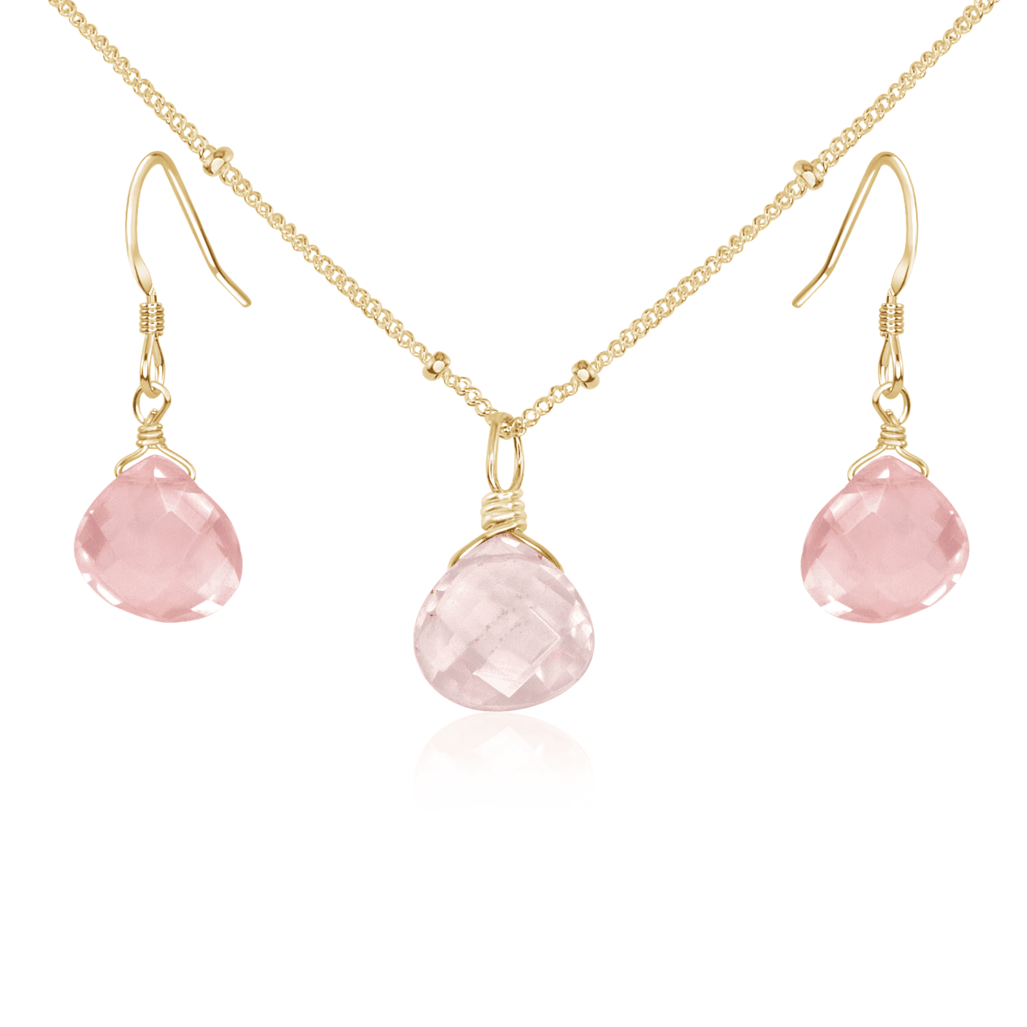 Rose Quartz Tiny Teardrop Earrings & Necklace Set - Rose Quartz Tiny Teardrop Earrings & Necklace Set - 14k Gold Fill / Satellite - Luna Tide Handmade Crystal Jewellery