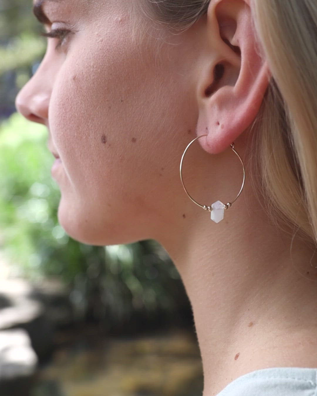 Large Hoop Rainbow Moonstone Double Terminated Crystal Point Earrings