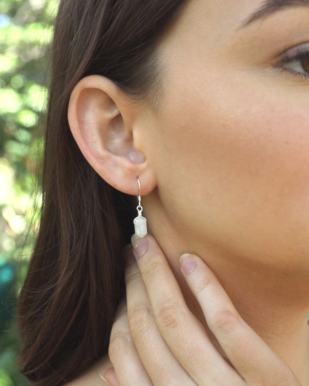 Rainbow Moonstone Mini Double Terminated Crystal Point Dangle Drop Earrings