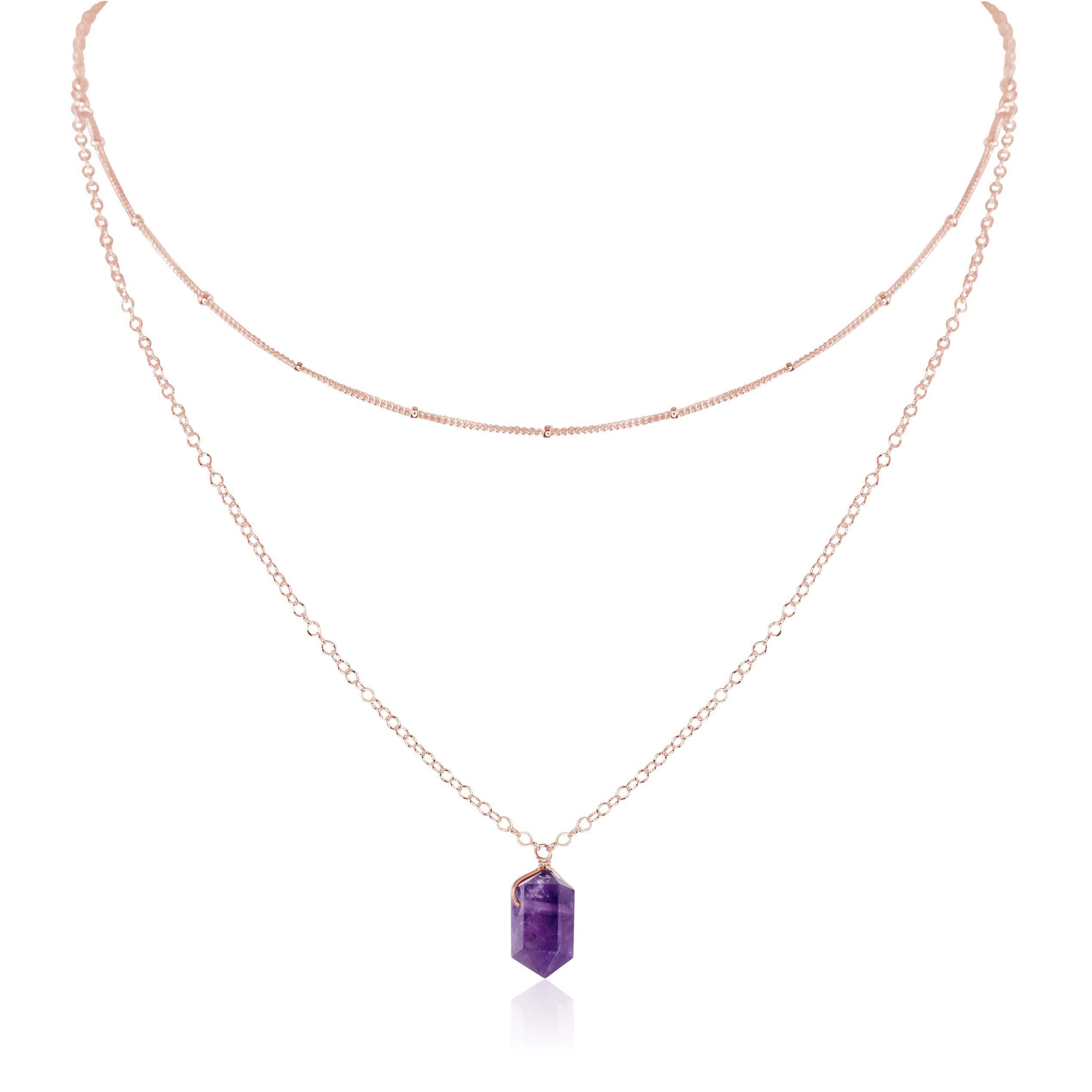 Amethyst Double Terminated Crystal Chain Layered Choker Necklace - Amethyst Double Terminated Crystal Chain Layered Choker Necklace - 14k Rose Gold Fill - Luna Tide Handmade Crystal Jewellery