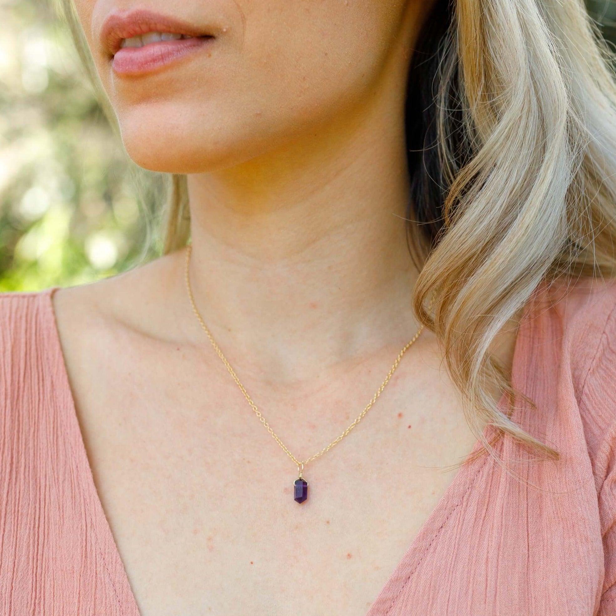 Amethyst Mini Double Terminated Crystal Point Pendant Necklace - Amethyst Mini Double Terminated Crystal Point Pendant Necklace - Sterling Silver / Cable - Luna Tide Handmade Crystal Jewellery