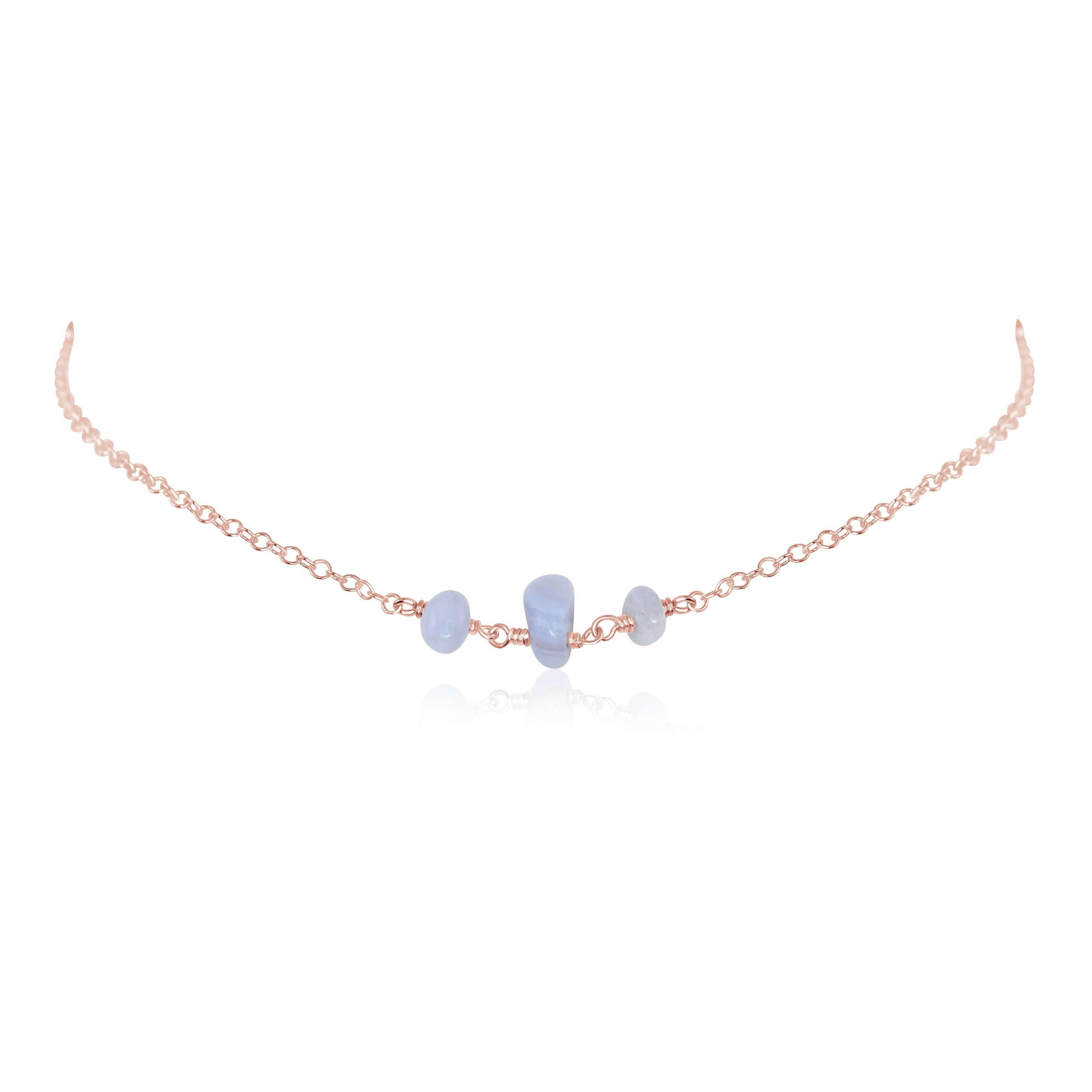 Blue Lace Agate Beaded Chain Choker Necklace - Blue Lace Agate Beaded Chain Choker Necklace - 14k Rose Gold Fill - Luna Tide Handmade Crystal Jewellery