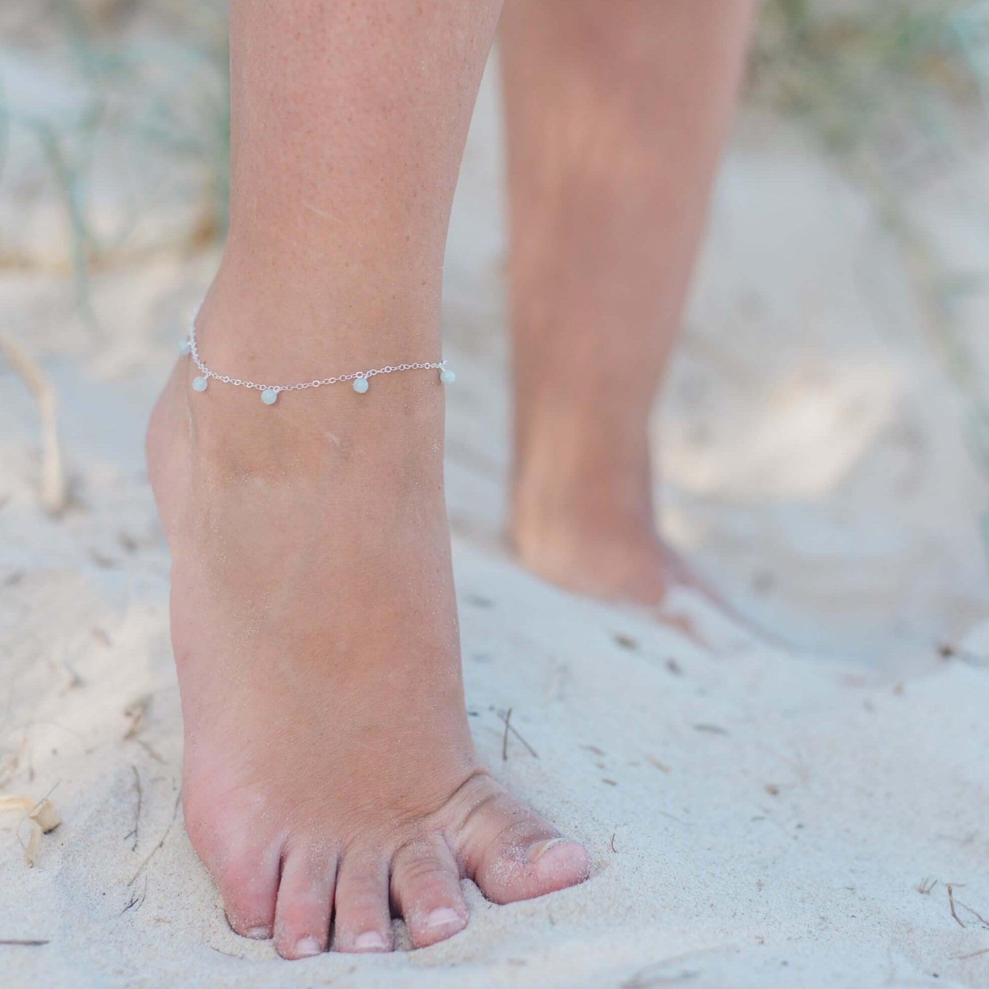 Boho Aquamarine Bead Drop Anklet - Boho Aquamarine Bead Drop Anklet - Sterling Silver - Luna Tide Handmade Crystal Jewellery