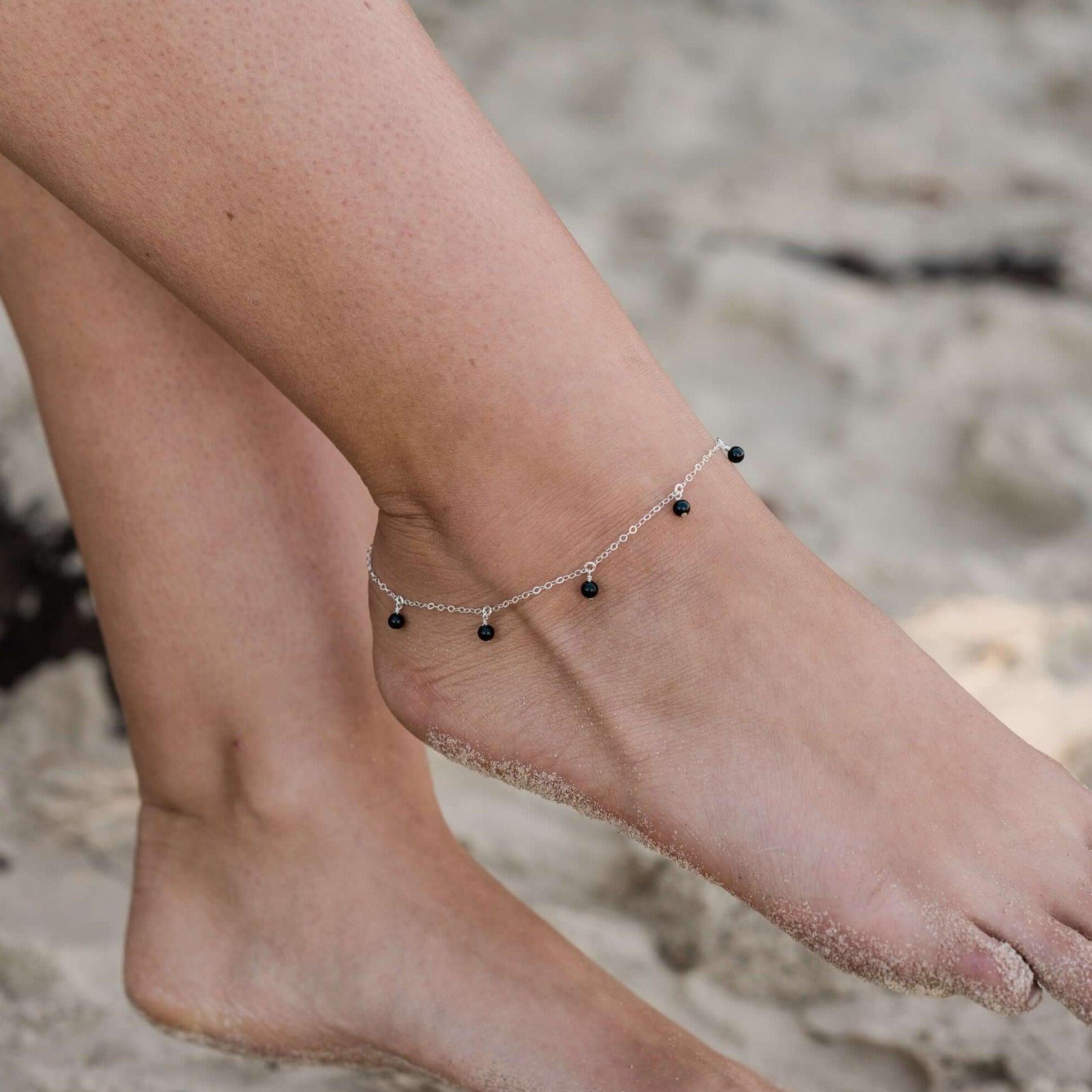 Boho Black Tourmaline Gemstone Bead Drop Anklet - Boho Black Tourmaline Gemstone Bead Drop Anklet - Sterling Silver - Luna Tide Handmade Crystal Jewellery