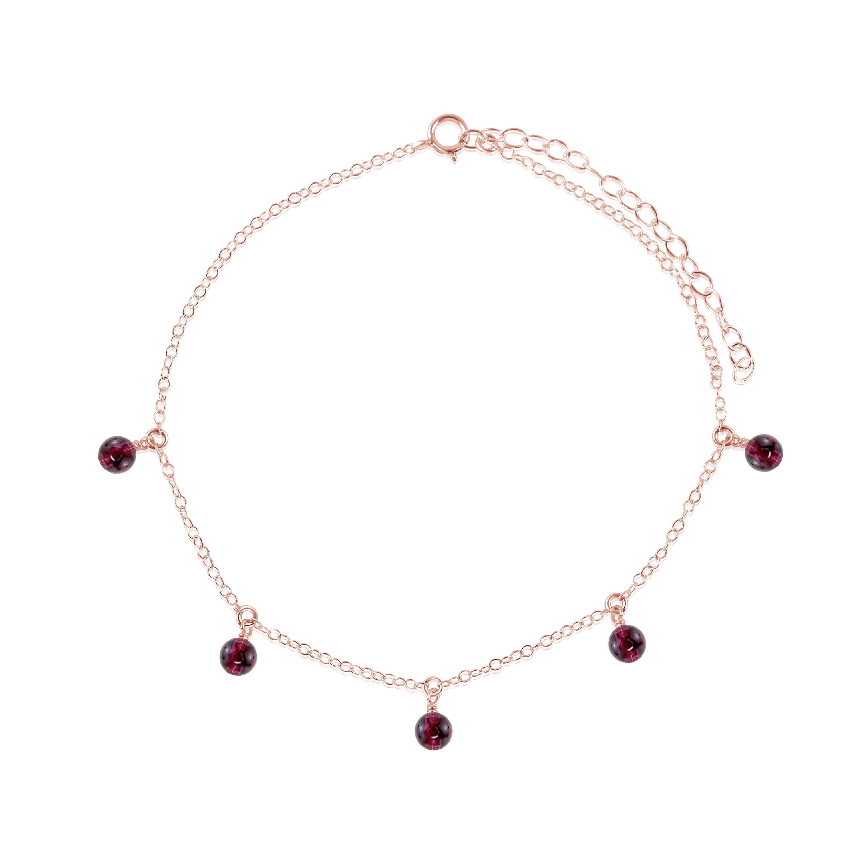 Boho Red Garnet Gemstone Bead Drop Anklet - Boho Red Garnet Gemstone Bead Drop Anklet - 14k Rose Gold Fill - Luna Tide Handmade Crystal Jewellery