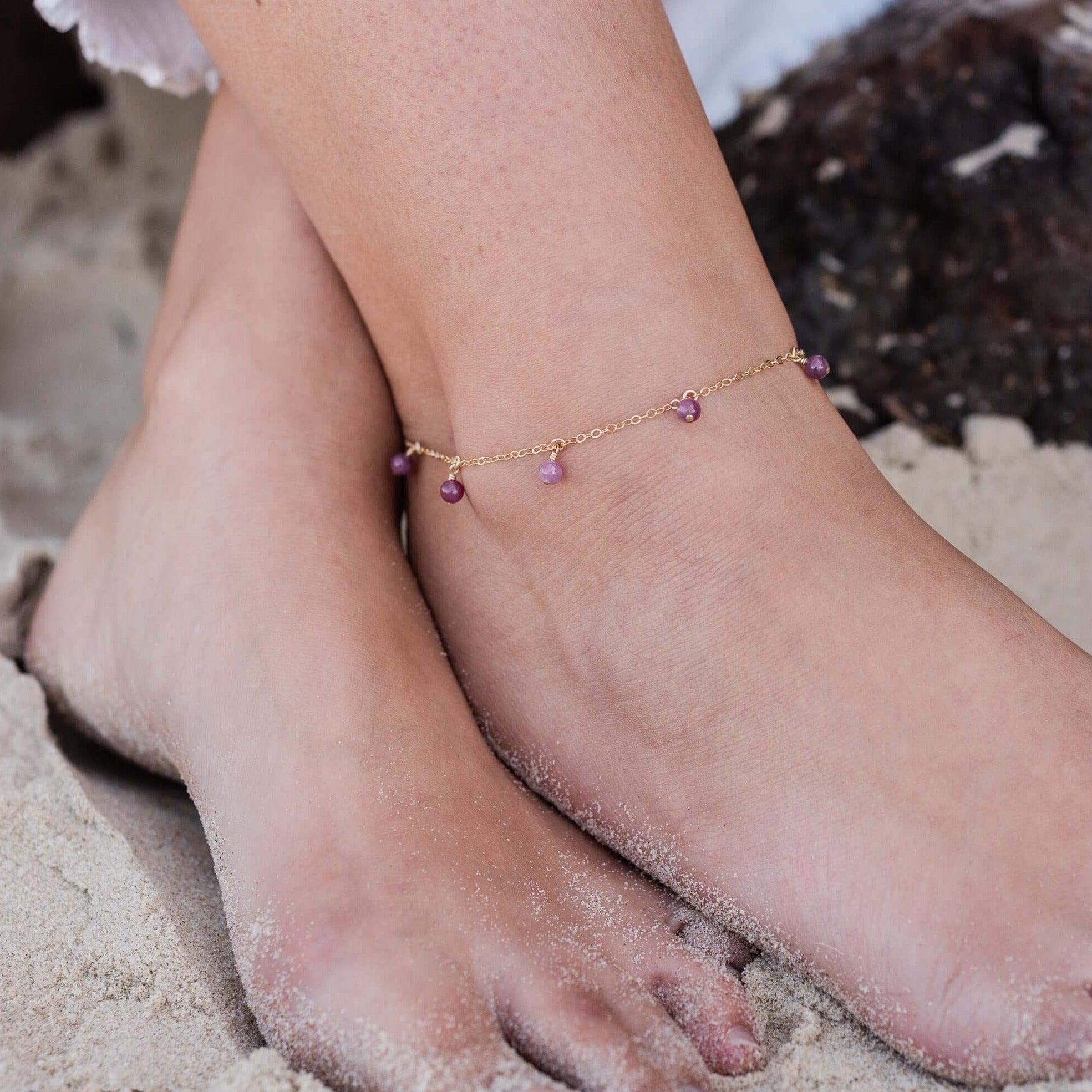 Boho Red Ruby Gemstone Bead Drop Anklet - Boho Red Ruby Gemstone Bead Drop Anklet - Sterling Silver - Luna Tide Handmade Crystal Jewellery