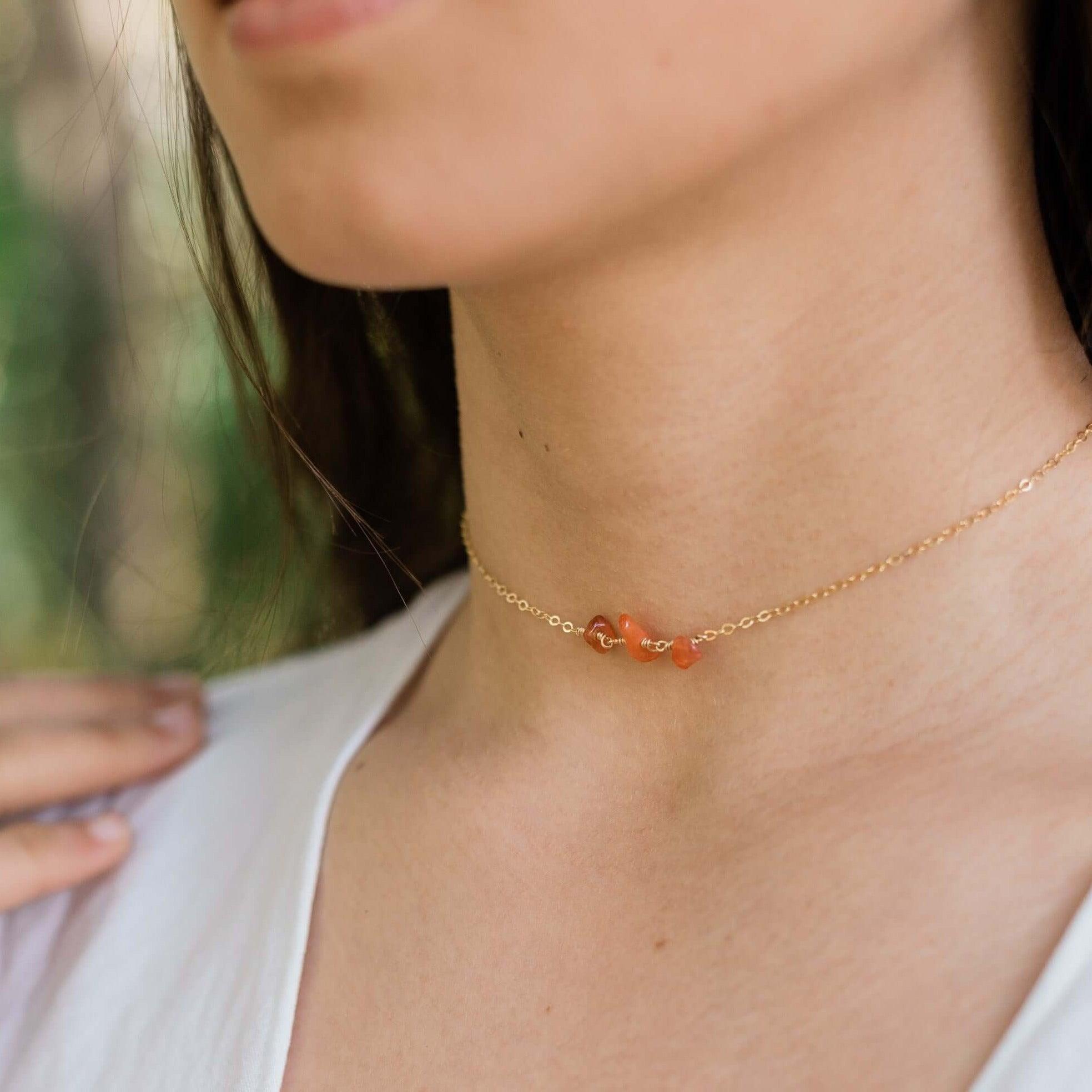 Carnelian Beaded Chain Choker Necklace - Carnelian Beaded Chain Choker Necklace - Sterling Silver - Luna Tide Handmade Crystal Jewellery