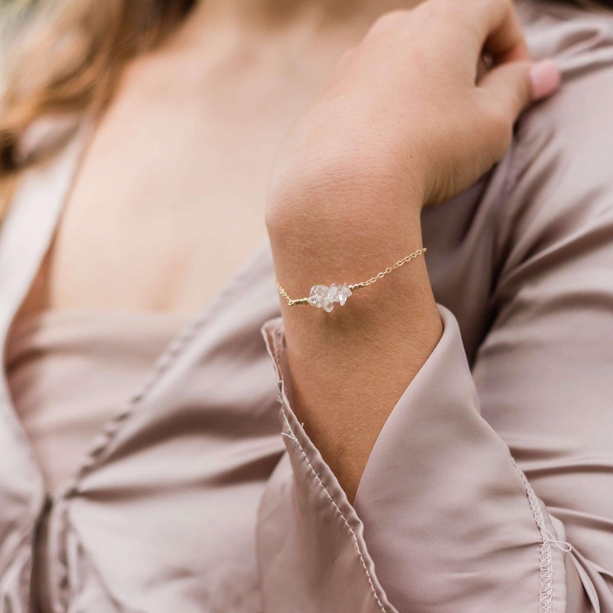 Crystal quartz Chip Bead Bar Bracelet - Crystal quartz Chip Bead Bar Bracelet - 14k Gold Fill - Luna Tide Handmade Crystal Jewellery