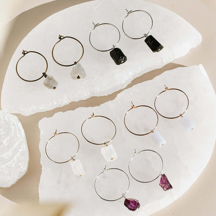Custom Raw Gemstone Dangle Hoop Earrings - Custom Raw Gemstone Dangle Hoop Earrings - 14k Gold Fill / 15mm - Luna Tide Handmade Crystal Jewellery