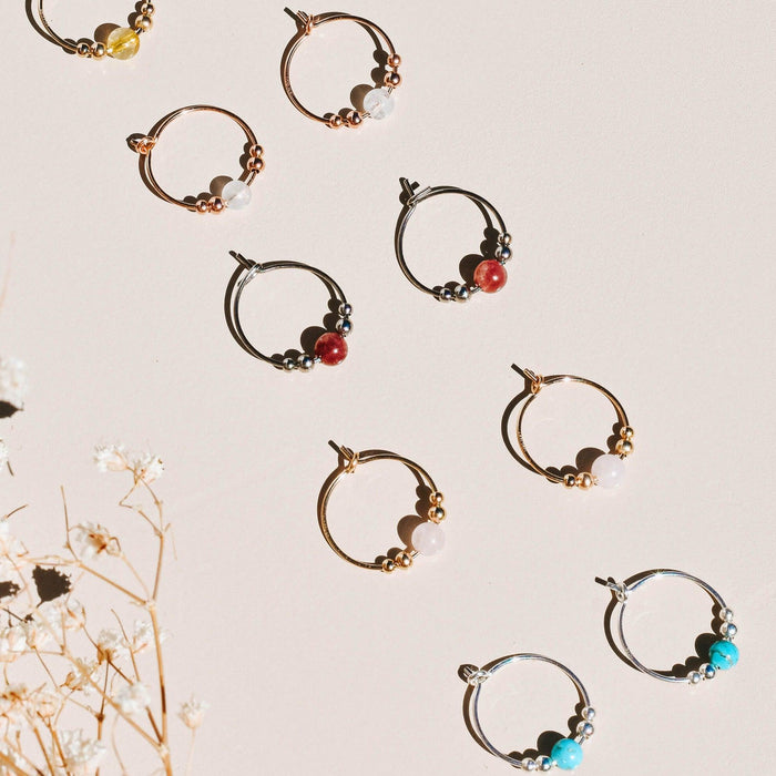 Custom Tiny Gemstone Bead Hoop Earrings - Custom Tiny Gemstone Bead Hoop Earrings - 14k Gold Fill / 15mm - Standard - Luna Tide Handmade Crystal Jewellery