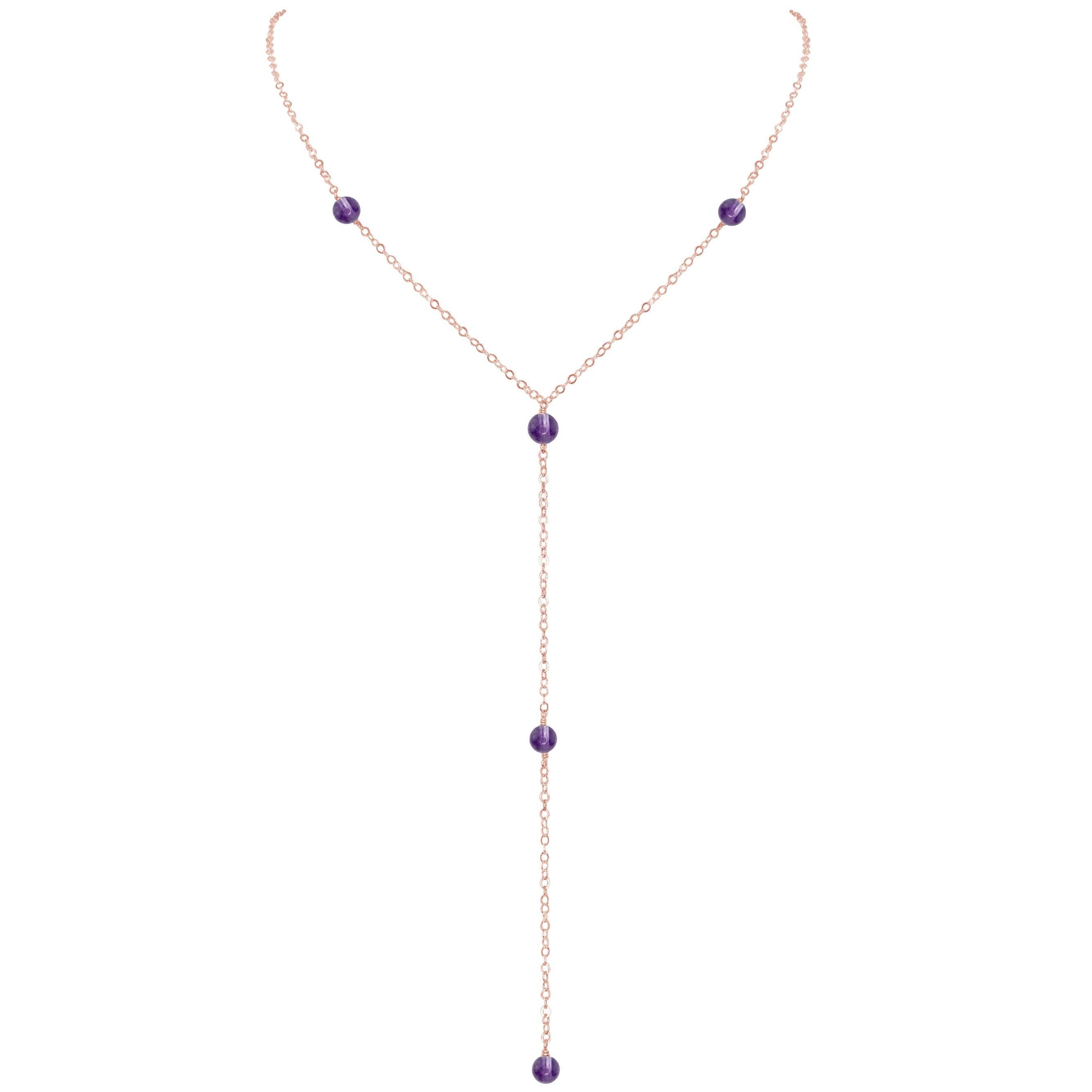 Dainty Amethyst Lariat Necklace - Dainty Amethyst Lariat Necklace - 14k Rose Gold Fill - Luna Tide Handmade Crystal Jewellery