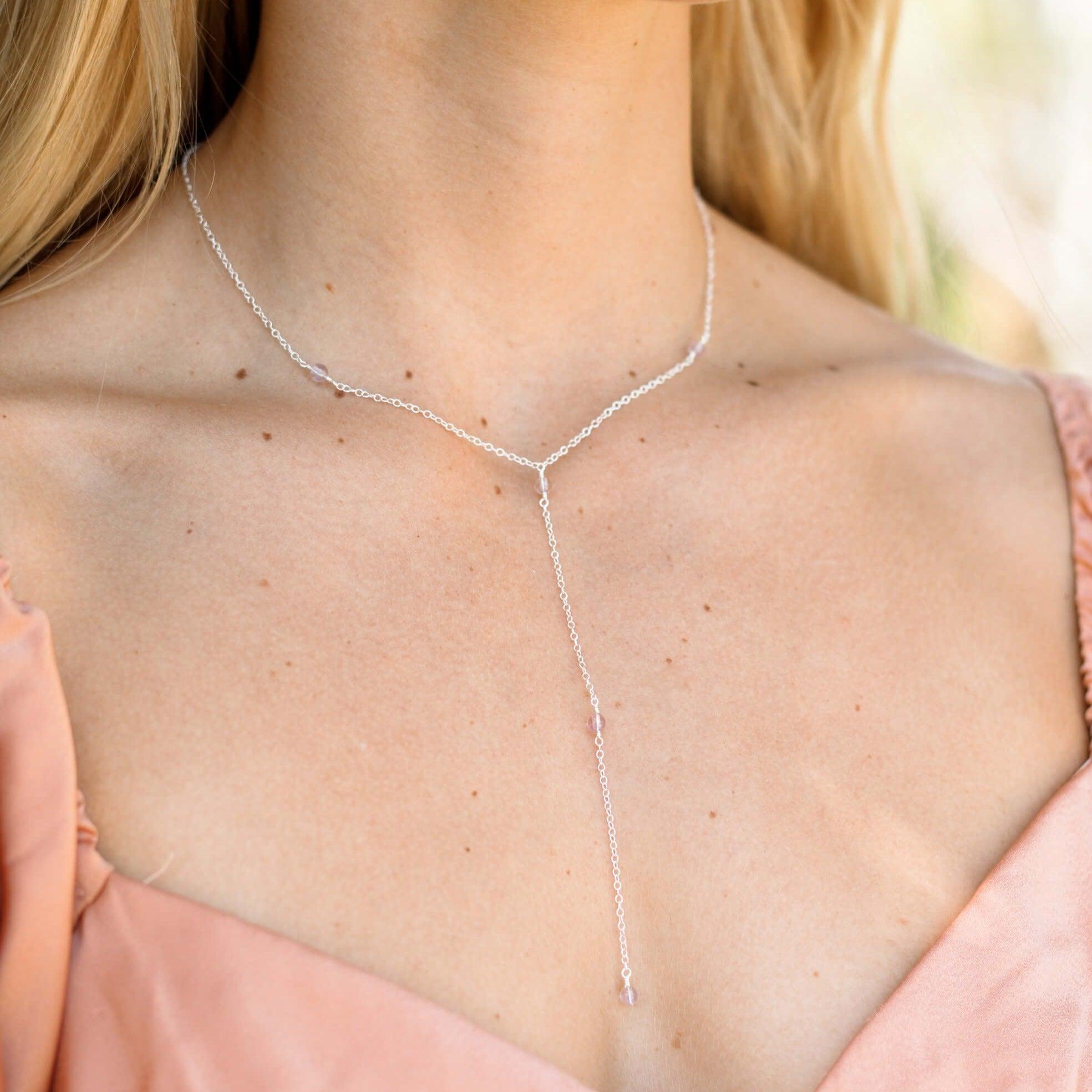 Dainty Pink Amethyst Gemstone Lariat Necklace - Dainty Pink Amethyst Gemstone Lariat Necklace - Sterling Silver - Luna Tide Handmade Crystal Jewellery