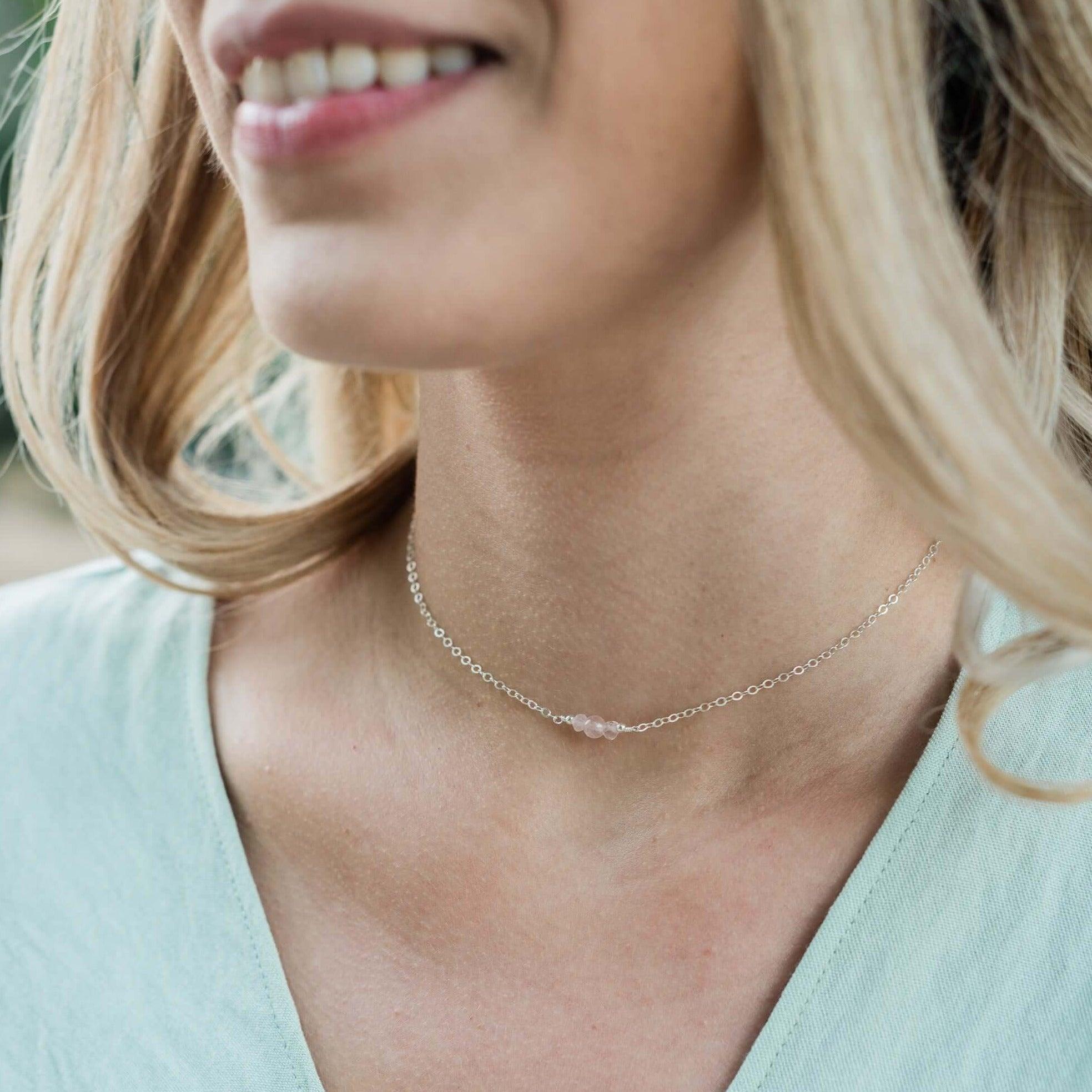 Dainty Rose Quartz Gemstone Choker Necklace - Dainty Rose Quartz Gemstone Choker Necklace - Sterling Silver - Luna Tide Handmade Crystal Jewellery