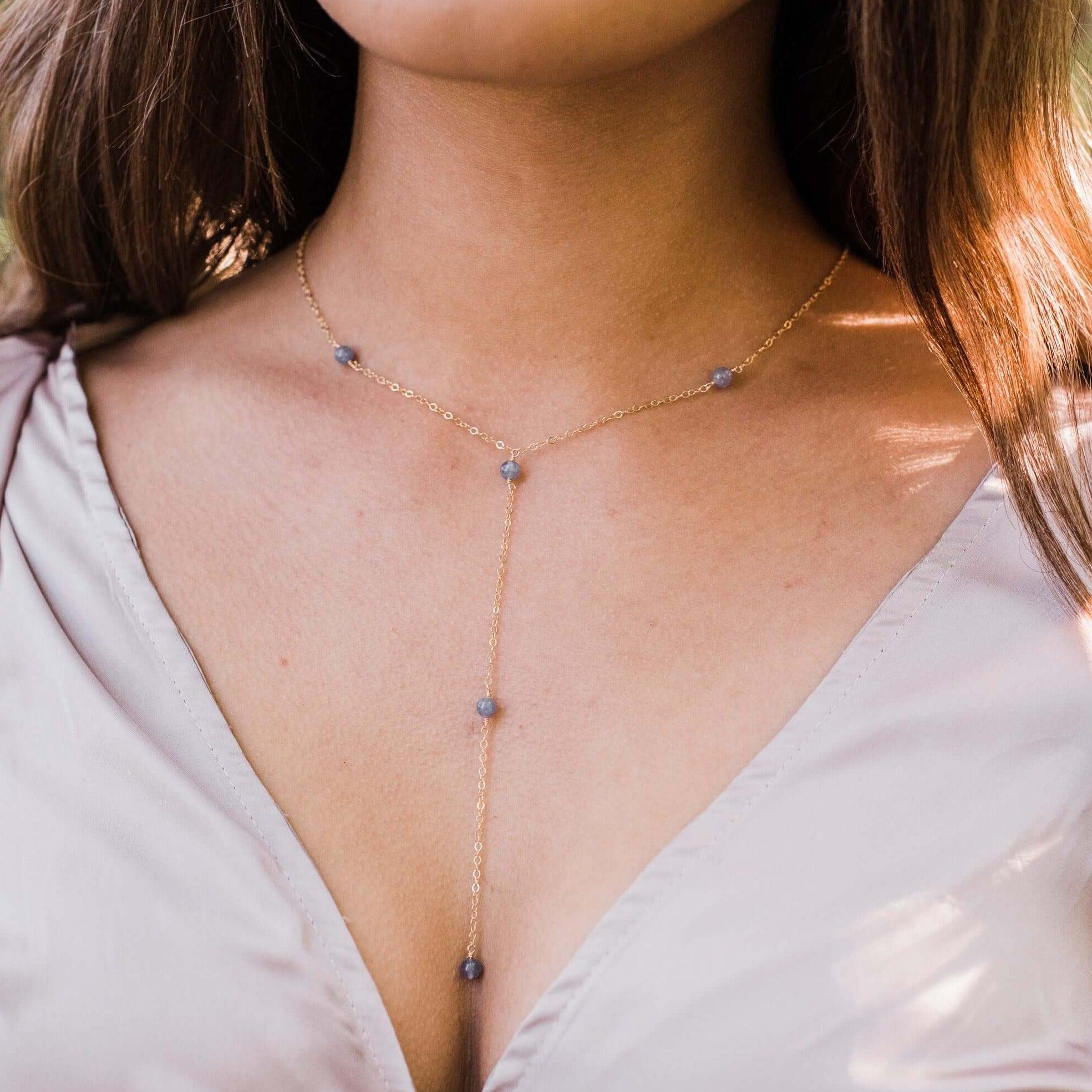 Dainty Tanzanite Lariat Necklace - Dainty Tanzanite Lariat Necklace - 14k Gold Fill - Luna Tide Handmade Crystal Jewellery