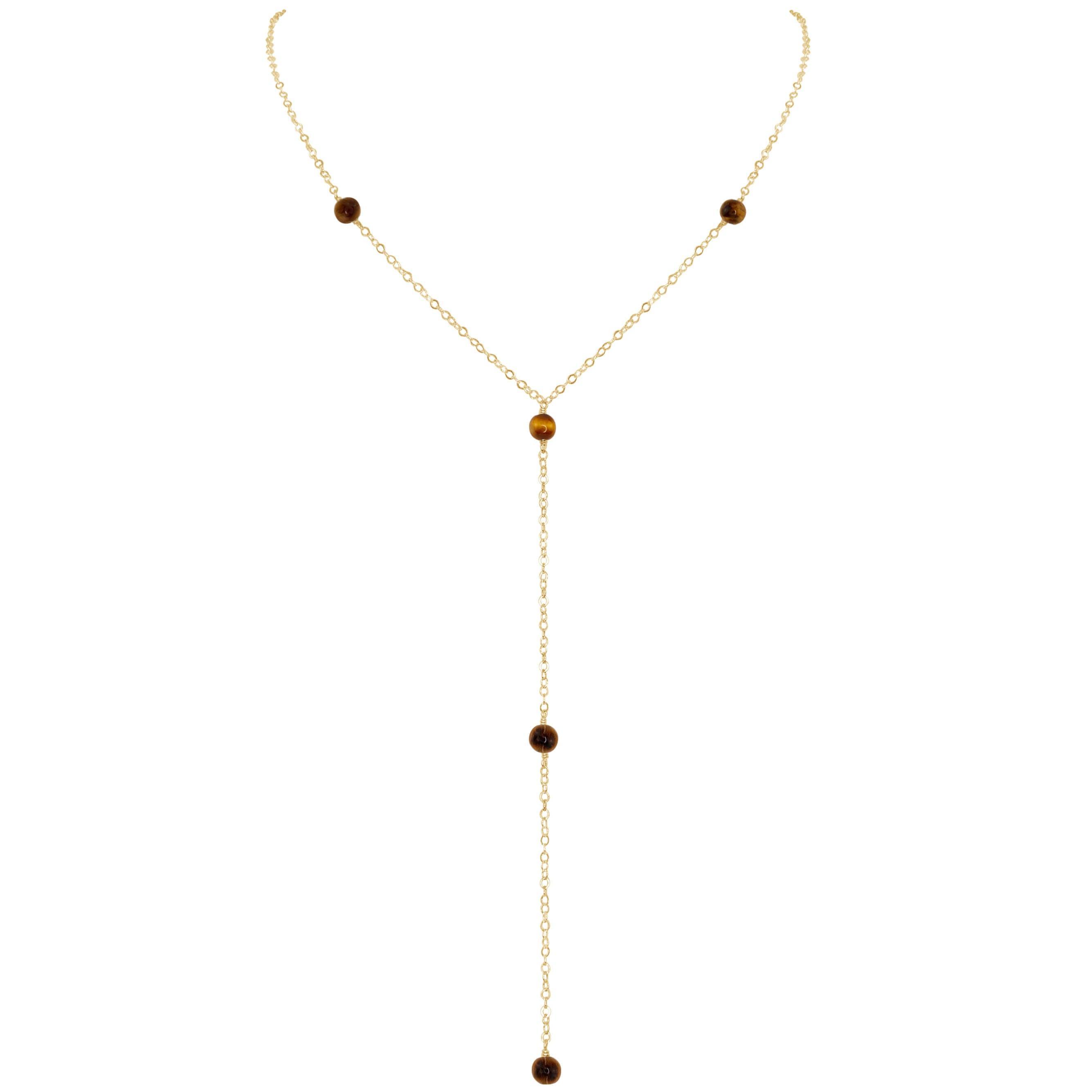 Dainty Tiger's Eye Gemstone Lariat Necklace - Dainty Tiger's Eye Gemstone Lariat Necklace - 14k Gold Fill - Luna Tide Handmade Crystal Jewellery