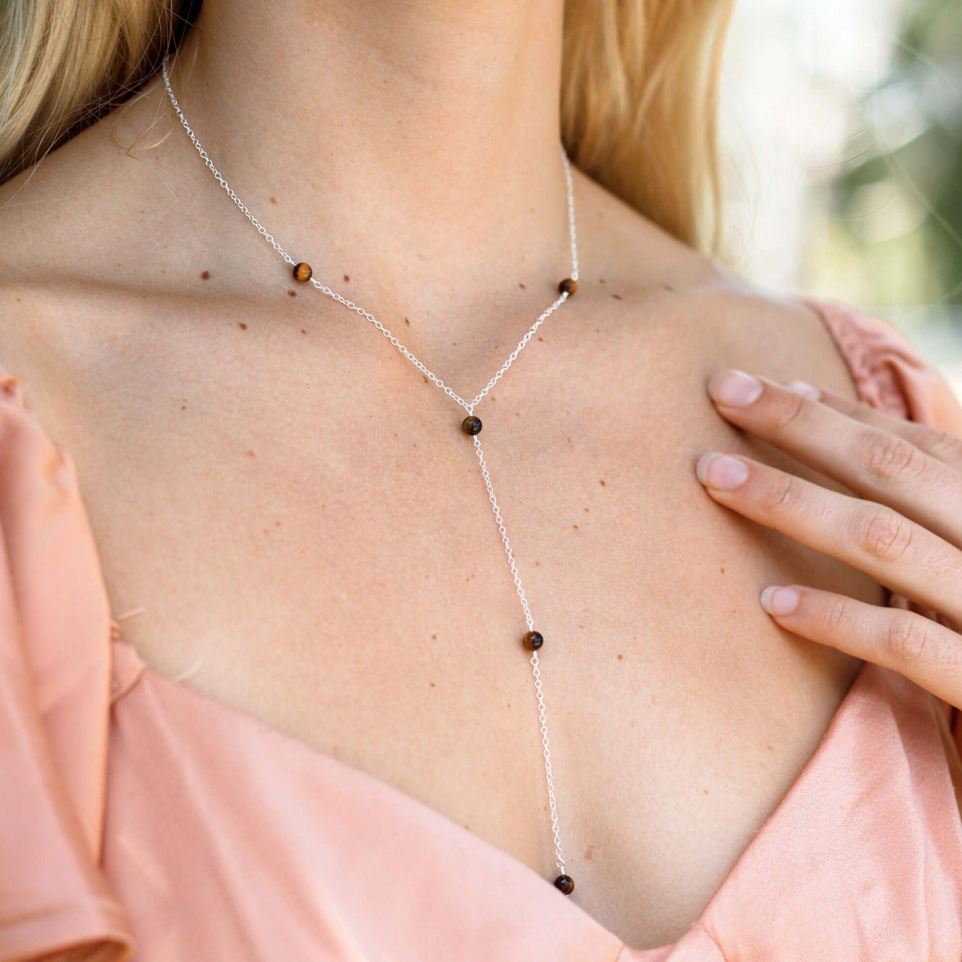 Dainty Tiger's Eye Gemstone Lariat Necklace - Dainty Tiger's Eye Gemstone Lariat Necklace - 14k Gold Fill - Luna Tide Handmade Crystal Jewellery