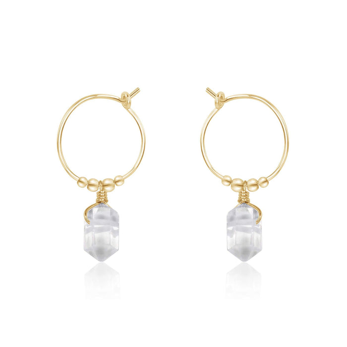 Double Terminated Crystal Quartz Mini Crystal Point Dangle Hoop Earrings - Double Terminated Crystal Quartz Mini Crystal Point Dangle Hoop Earrings - 14k Gold Fill - Luna Tide Handmade Crystal Jewellery