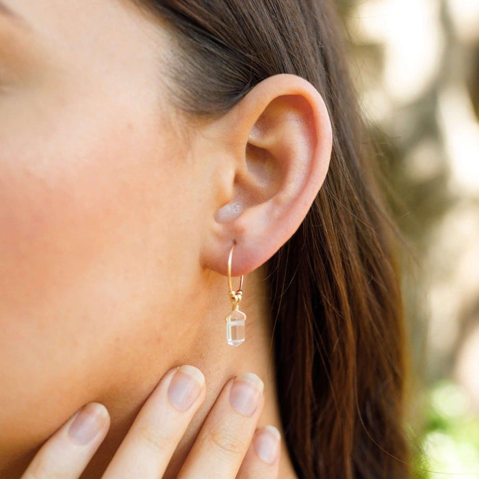 Double Terminated Crystal Quartz Mini Crystal Point Dangle Hoop Earrings - Double Terminated Crystal Quartz Mini Crystal Point Dangle Hoop Earrings - 14k Gold Fill - Luna Tide Handmade Crystal Jewellery