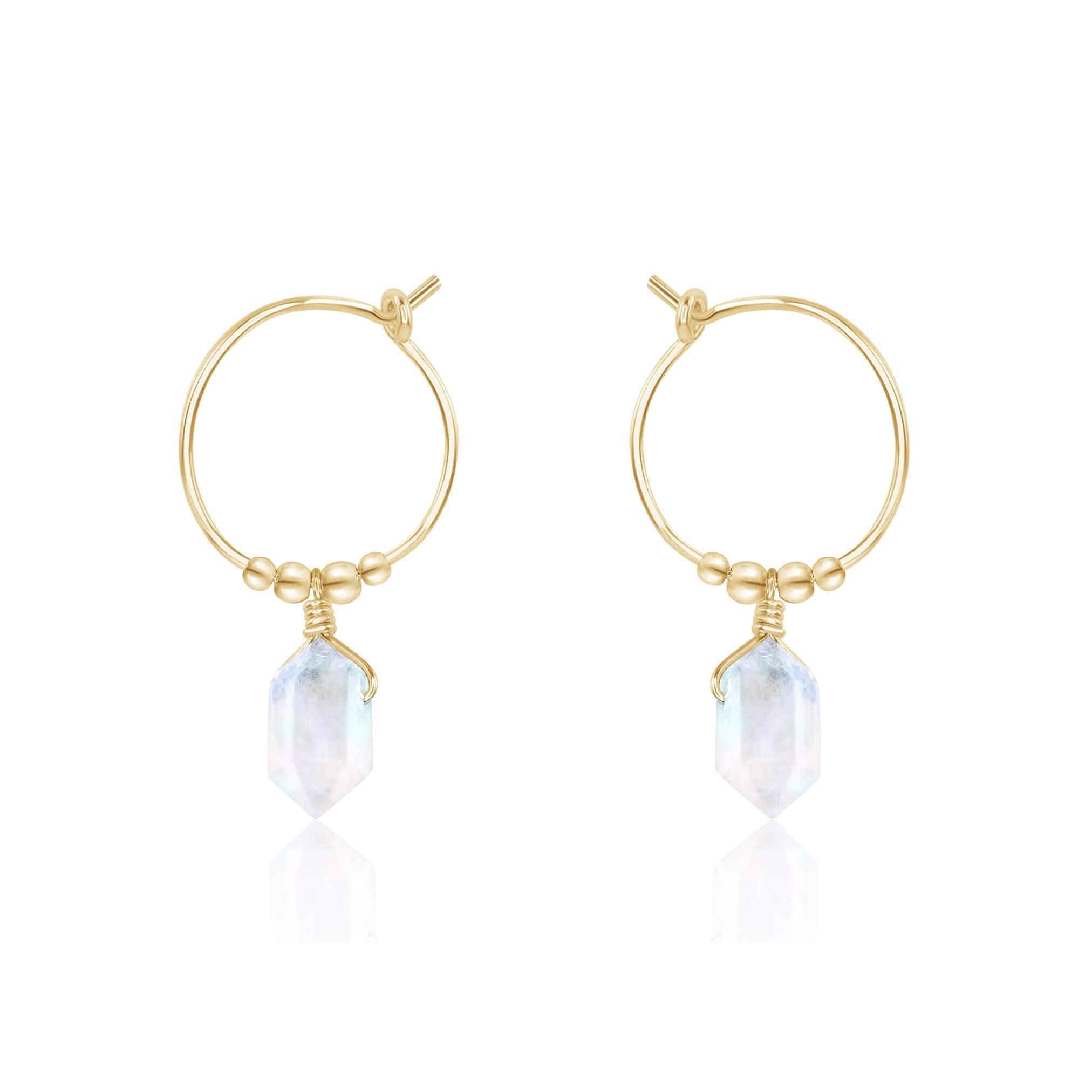 Double Terminated Rainbow Moonstone Mini Crystal Point Dangle Hoop Earrings - Double Terminated Rainbow Moonstone Mini Crystal Point Dangle Hoop Earrings - 14k Gold Fill - Luna Tide Handmade Crystal Jewellery