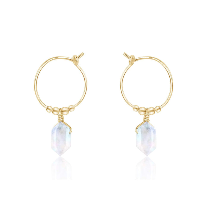 Double Terminated Rainbow Moonstone Mini Crystal Point Dangle Hoop Earrings - Double Terminated Rainbow Moonstone Mini Crystal Point Dangle Hoop Earrings - 14k Gold Fill - Luna Tide Handmade Crystal Jewellery
