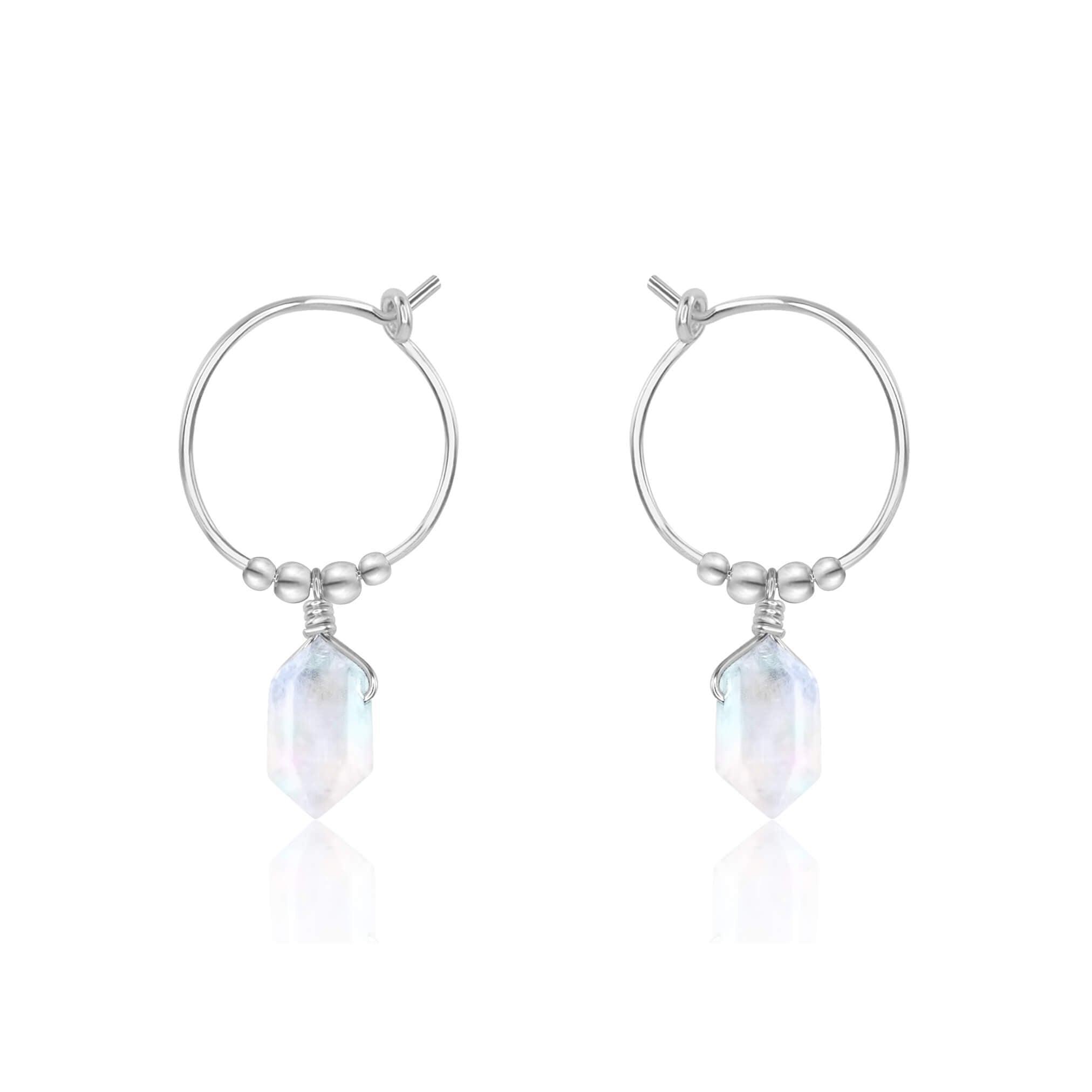 Double Terminated Rainbow Moonstone Mini Crystal Point Dangle Hoop Earrings - Double Terminated Rainbow Moonstone Mini Crystal Point Dangle Hoop Earrings - Sterling Silver - Luna Tide Handmade Crystal Jewellery