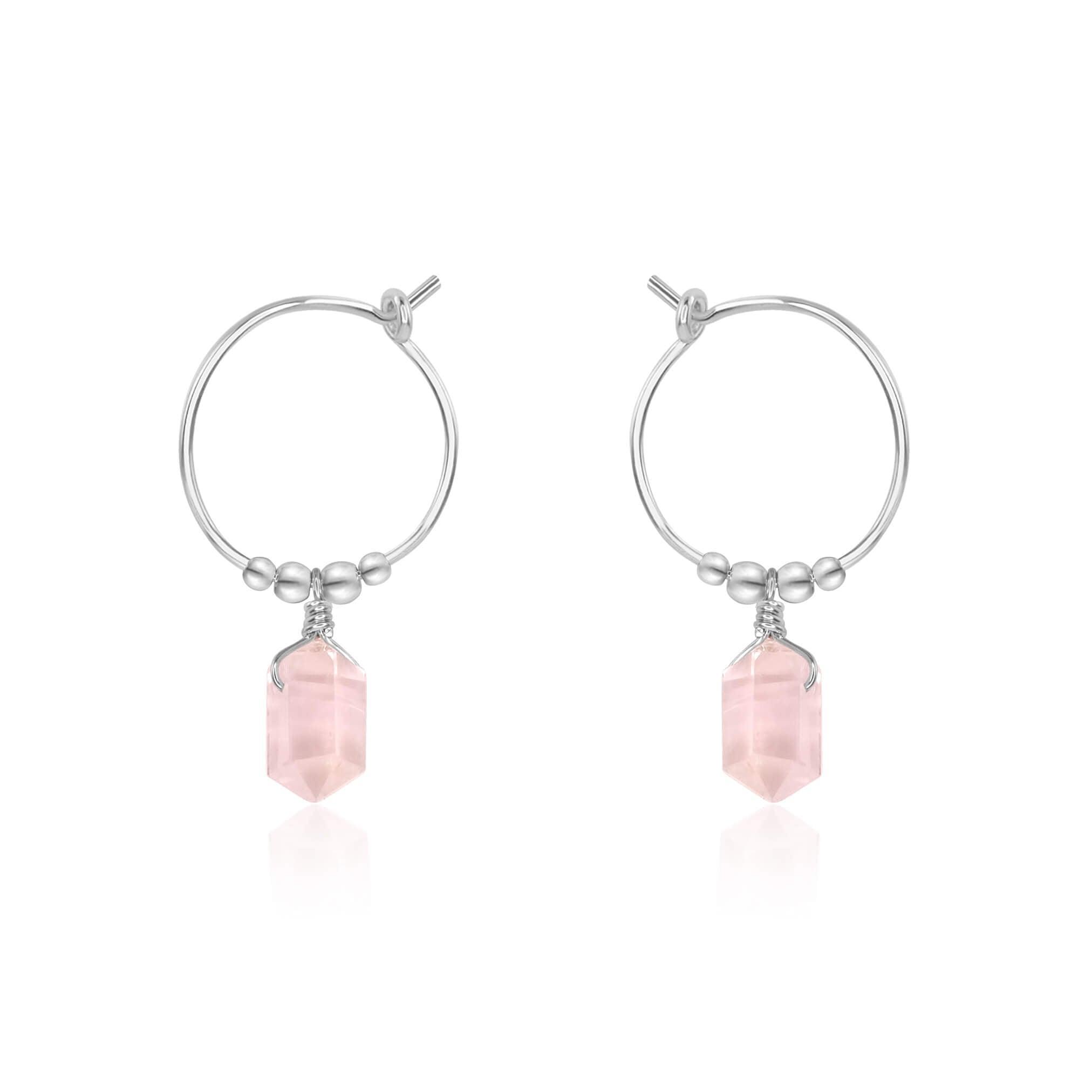 Double Terminated Rose Quartz Mini Crystal Point Dangle Hoop Earrings - Double Terminated Rose Quartz Mini Crystal Point Dangle Hoop Earrings - Sterling Silver - Luna Tide Handmade Crystal Jewellery