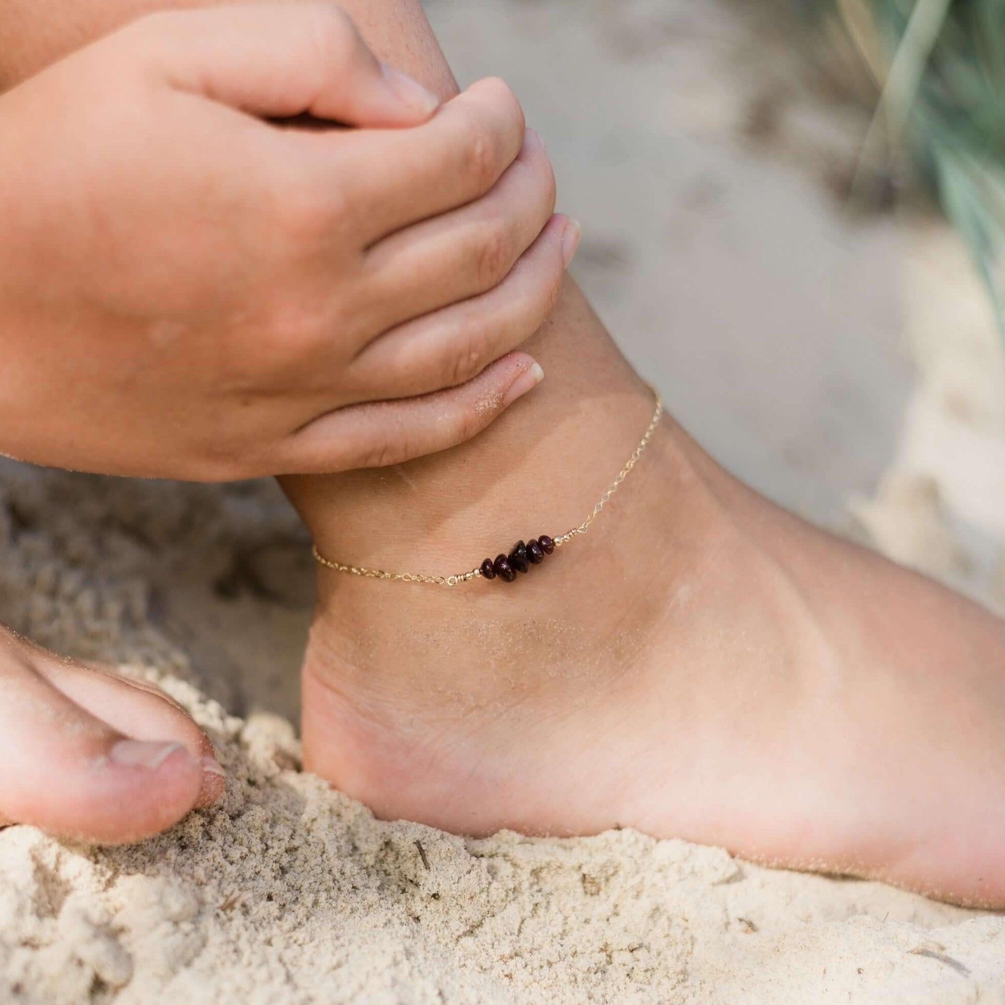 Garnet Chip Bead Bar Anklet - Garnet Chip Bead Bar Anklet - 14k Gold Fill - Luna Tide Handmade Crystal Jewellery