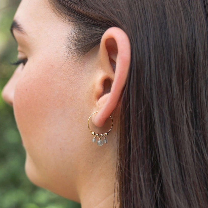 Grey Labradorite Gemstone Bead Drop Hoop Earrings - Grey Labradorite Gemstone Bead Drop Hoop Earrings - 14k Gold Fill - Luna Tide Handmade Crystal Jewellery