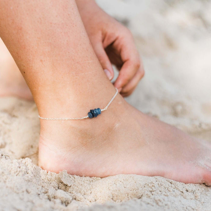 Kyanite Chip Bead Bar Anklet - Kyanite Chip Bead Bar Anklet - Sterling Silver - Luna Tide Handmade Crystal Jewellery