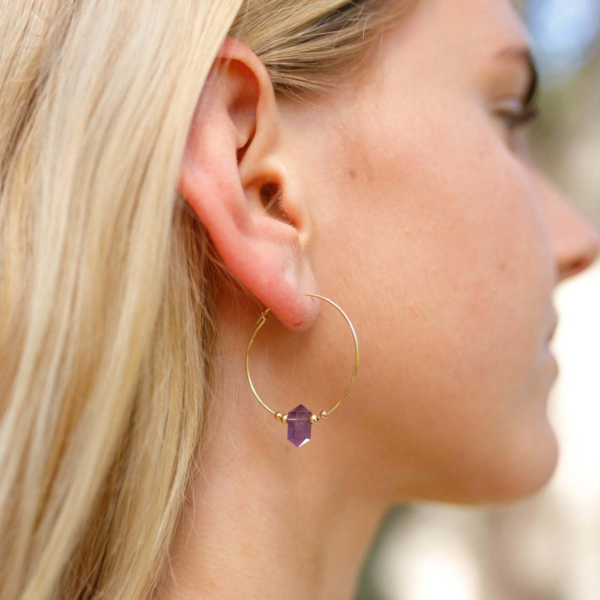 Large Hoop Amethyst Double Terminated Crystal Point Earrings - Large Hoop Amethyst Double Terminated Crystal Point Earrings - Sterling Silver - Luna Tide Handmade Crystal Jewellery