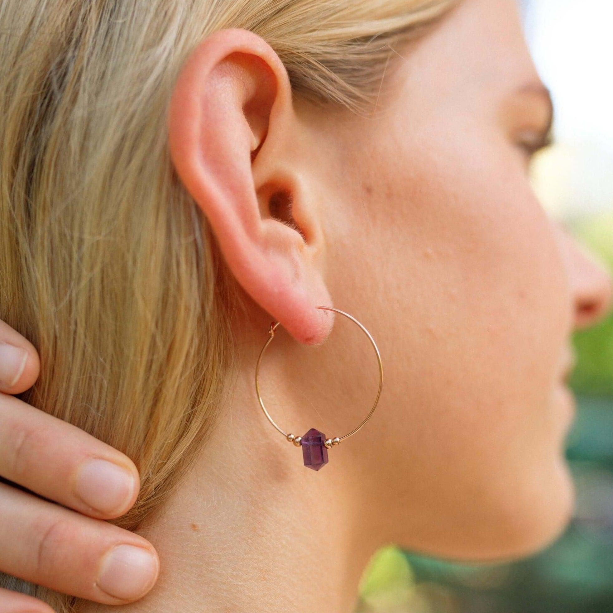 Large Hoop Amethyst Double Terminated Crystal Point Earrings - Large Hoop Amethyst Double Terminated Crystal Point Earrings - Sterling Silver - Luna Tide Handmade Crystal Jewellery