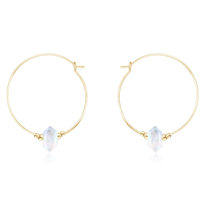 Large Hoop Rainbow Moonstone Double Terminated Crystal Point Earrings - Large Hoop Rainbow Moonstone Double Terminated Crystal Point Earrings - 14k Gold Fill - Luna Tide Handmade Crystal Jewellery