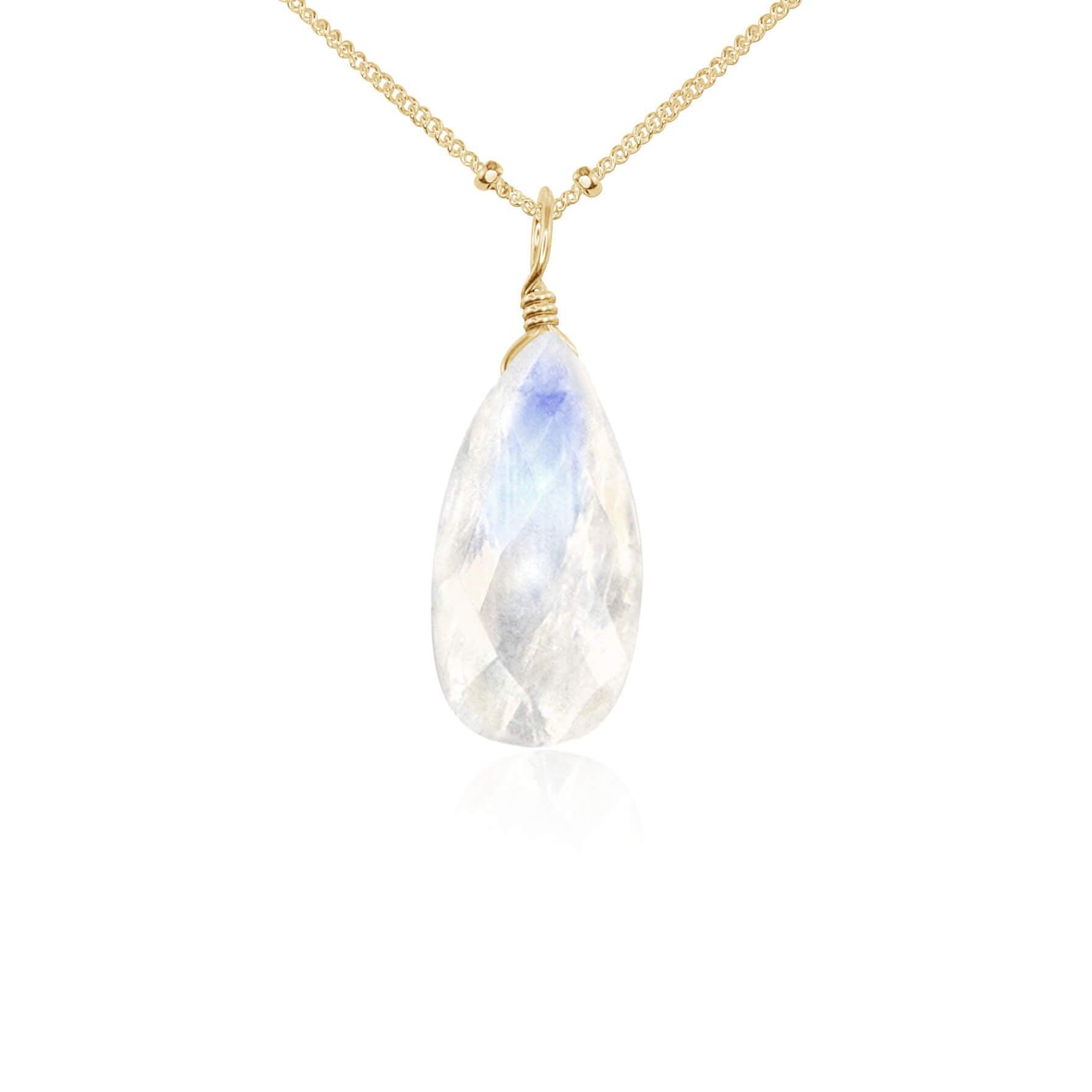 Large Rainbow Moonstone Teardrop Necklace - Large Rainbow Moonstone Teardrop Necklace - 14k Gold Fill / Satellite - Luna Tide Handmade Crystal Jewellery