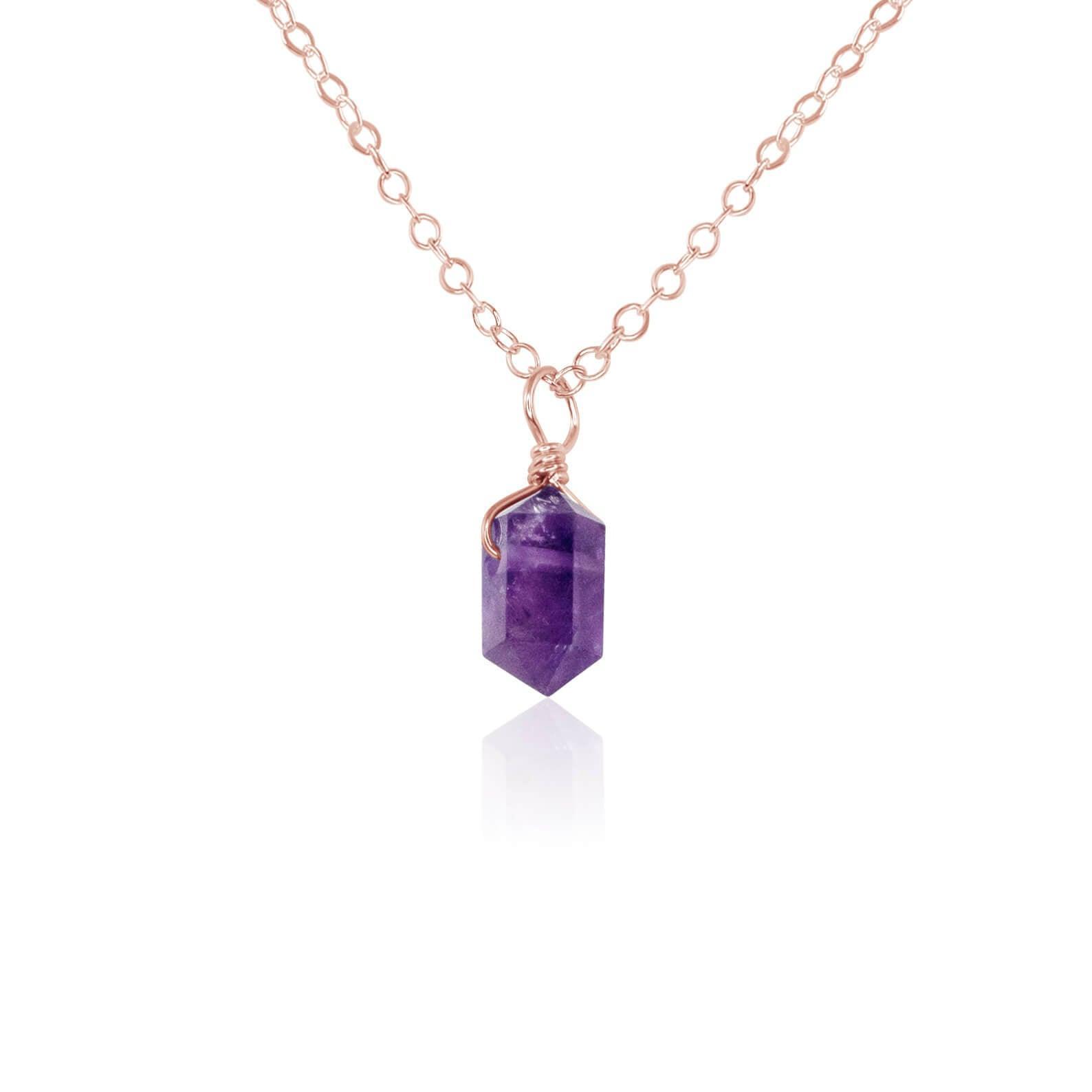 Mini Double Terminated Amethyst Crystal Point Pendant Necklace - Mini Double Terminated Amethyst Crystal Point Pendant Necklace - 14k Rose Gold Fill / Cable - Luna Tide Handmade Crystal Jewellery