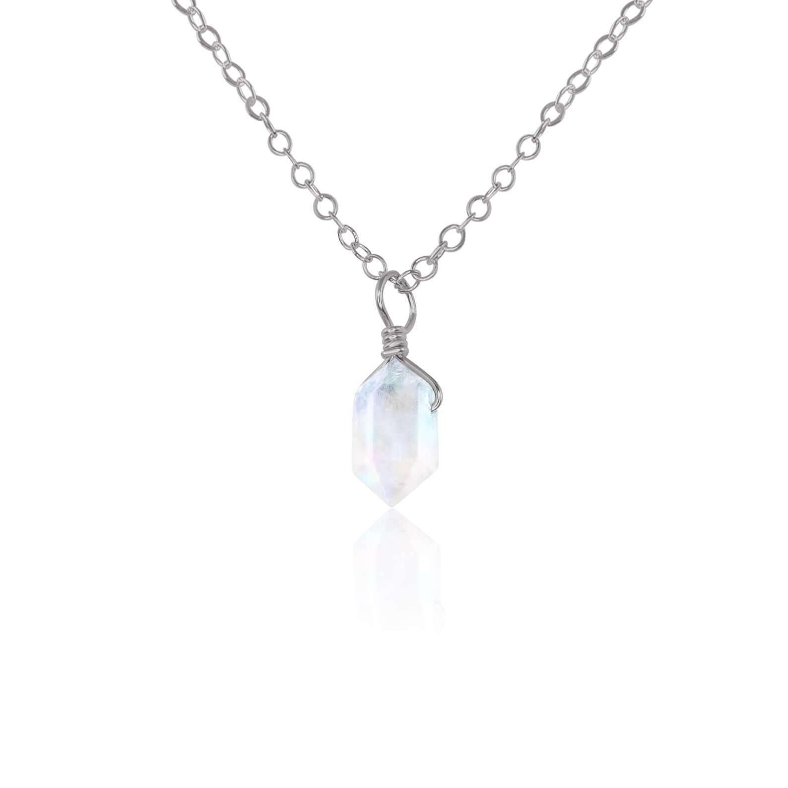 Mini Double Terminated Rainbow Moonstone Crystal Point Pendant Necklace - Mini Double Terminated Rainbow Moonstone Crystal Point Pendant Necklace - Stainless Steel / Cable - Luna Tide Handmade Crystal Jewellery