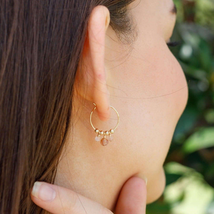 Orange Sunstone Gemstone Bead Drop Hoop Earrings - Orange Sunstone Gemstone Bead Drop Hoop Earrings - 14k Gold Fill - Luna Tide Handmade Crystal Jewellery
