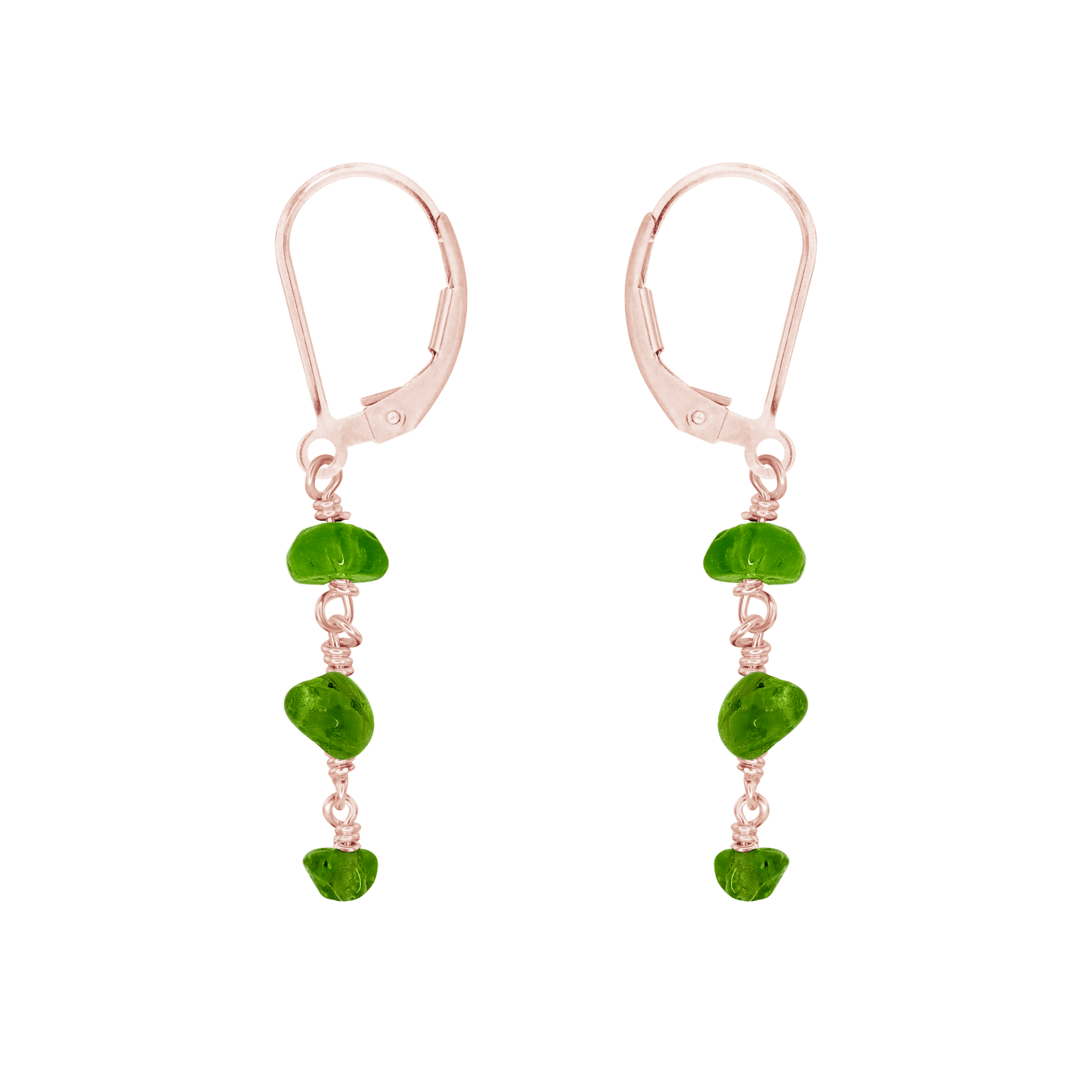 Peridot Crystal Beaded Chain Dangle Leverback Earrings - Peridot Crystal Beaded Chain Dangle Leverback Earrings - 14k Rose Gold Fill - Luna Tide Handmade Crystal Jewellery