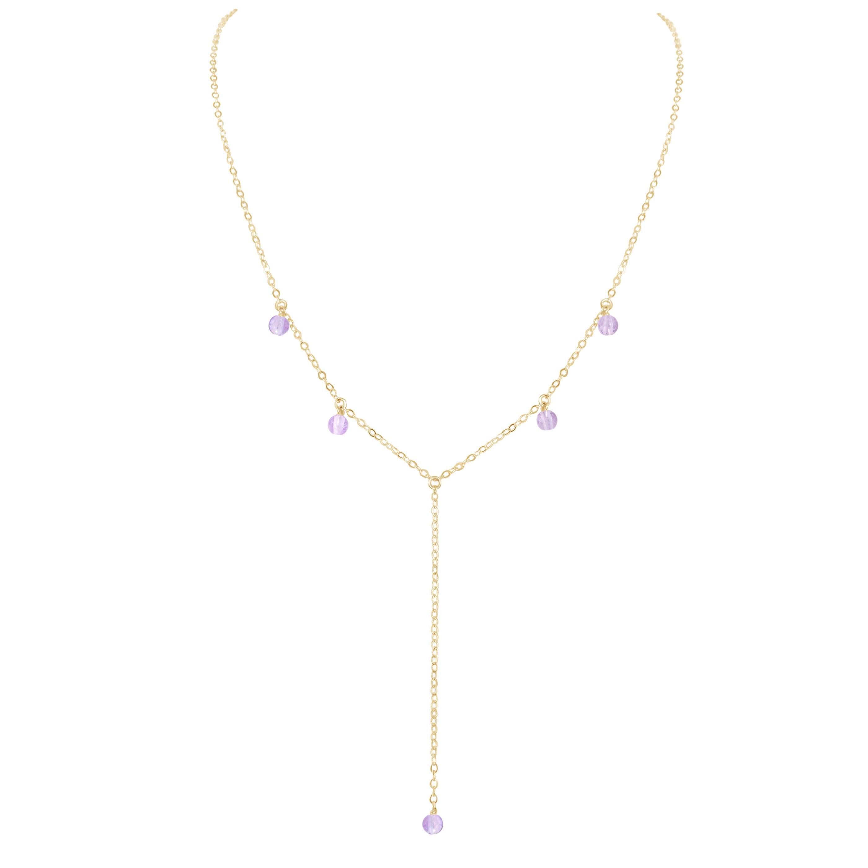 Pink Amethyst Crystal Boho Lariat Necklace - Pink Amethyst Crystal Boho Lariat Necklace - 14k Gold Fill - Luna Tide Handmade Crystal Jewellery