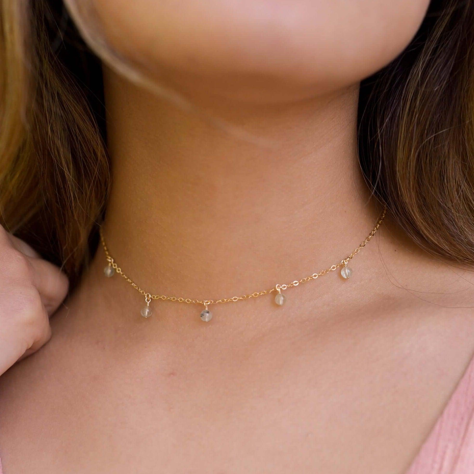 Prehnite Bead Drop Choker - Prehnite Bead Drop Choker - 14k Gold Fill - Luna Tide Handmade Crystal Jewellery