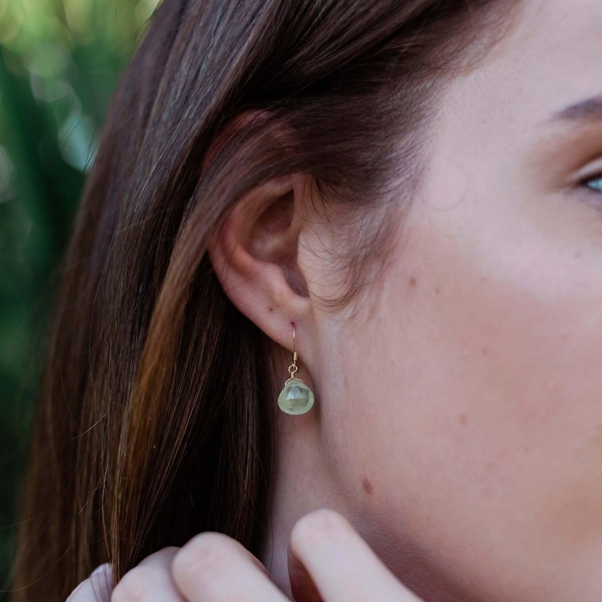 Prehnite Gemstone Teardrop Dangle Earrings - Prehnite Gemstone Teardrop Dangle Earrings - 14k Gold Fill - Luna Tide Handmade Crystal Jewellery