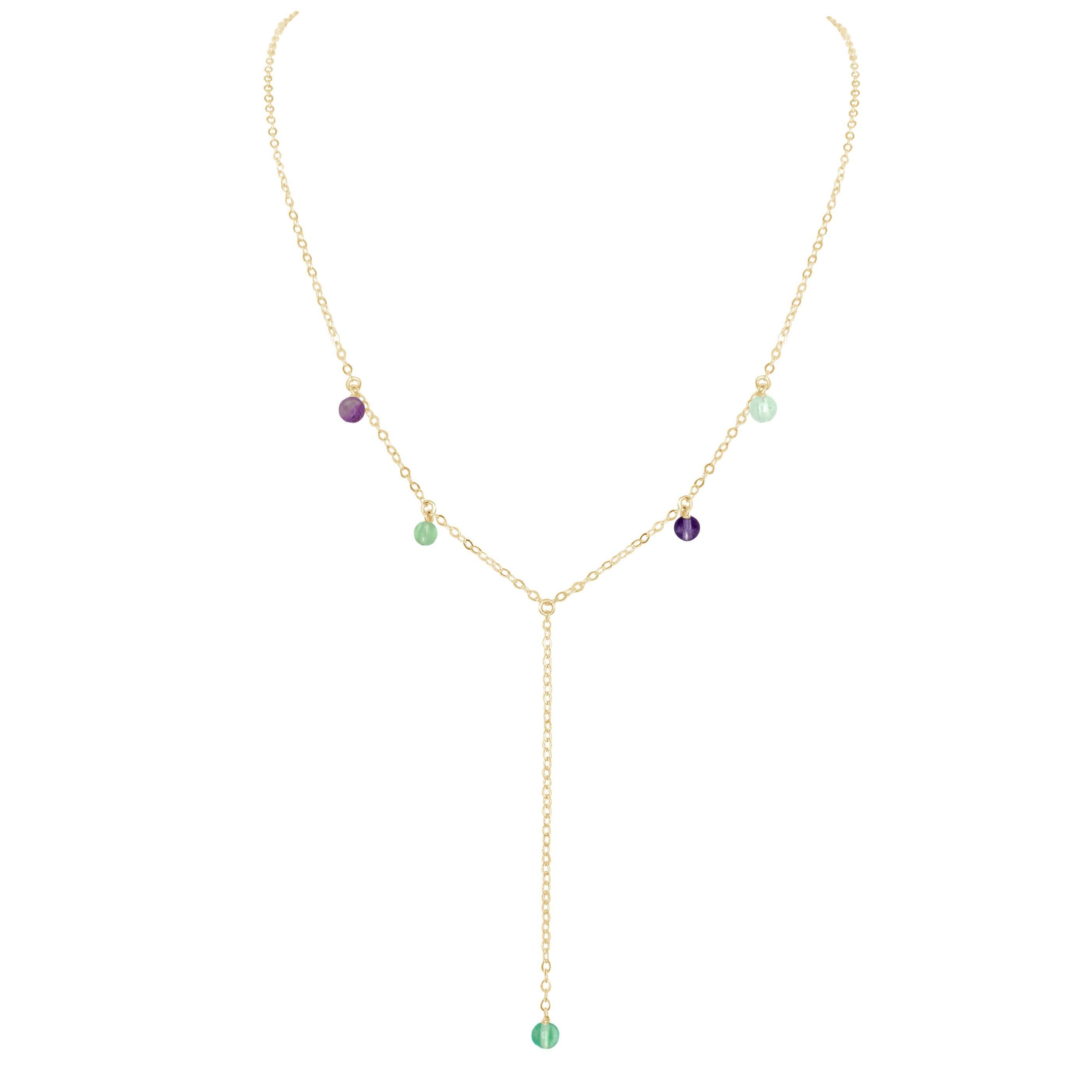 Rainbow Fluorite Crystal Boho Lariat Necklace - Rainbow Fluorite Crystal Boho Lariat Necklace - 14k Gold Fill - Luna Tide Handmade Crystal Jewellery